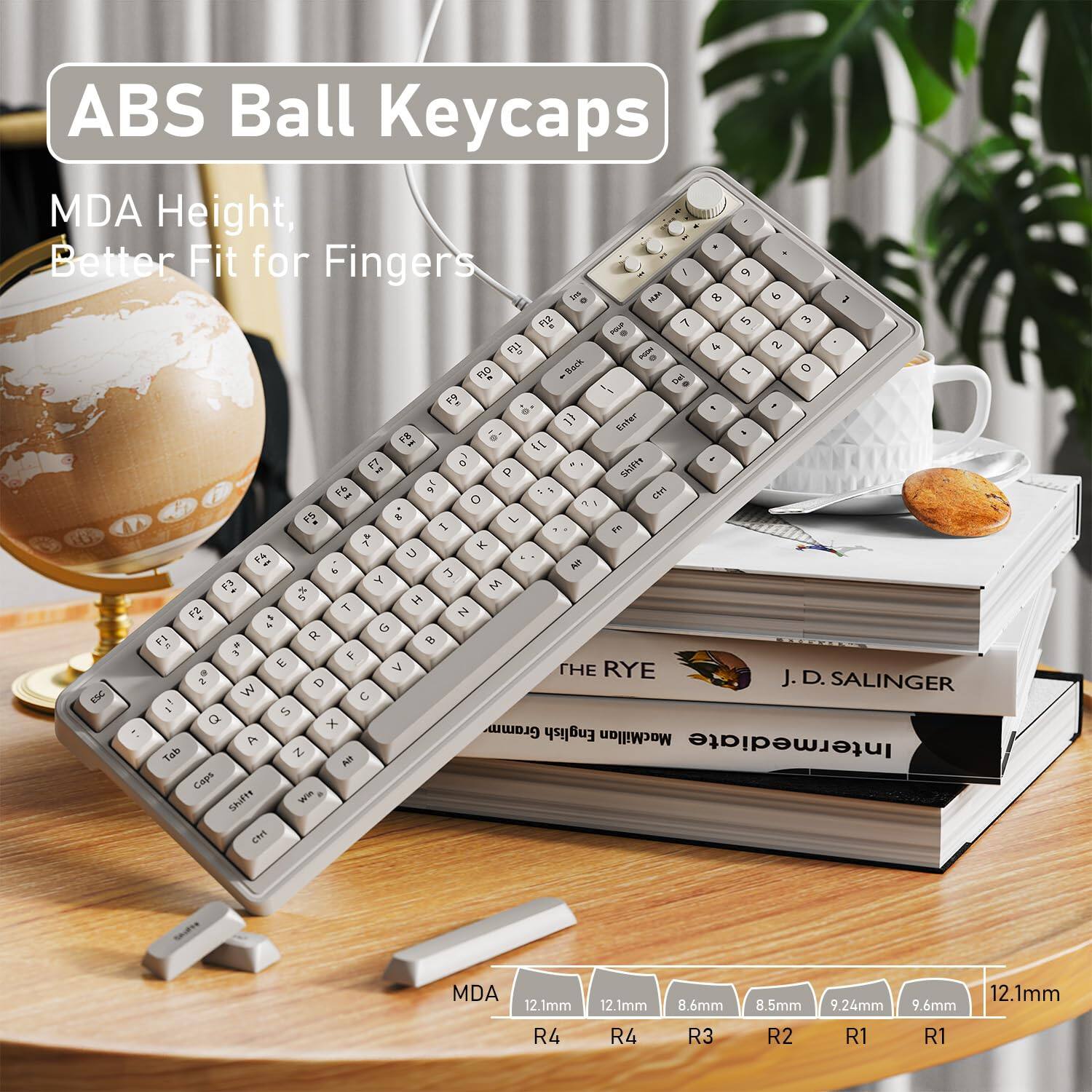 ABS Ball Keycaps  
MDA Height, Better Fit for Fingers  

MDA 12.1mm  
R4 12.1mm  
R3 8.6mm  
R2 8.5mm  
R1 9.24mm  
R1 9.6mm  

12.1mm