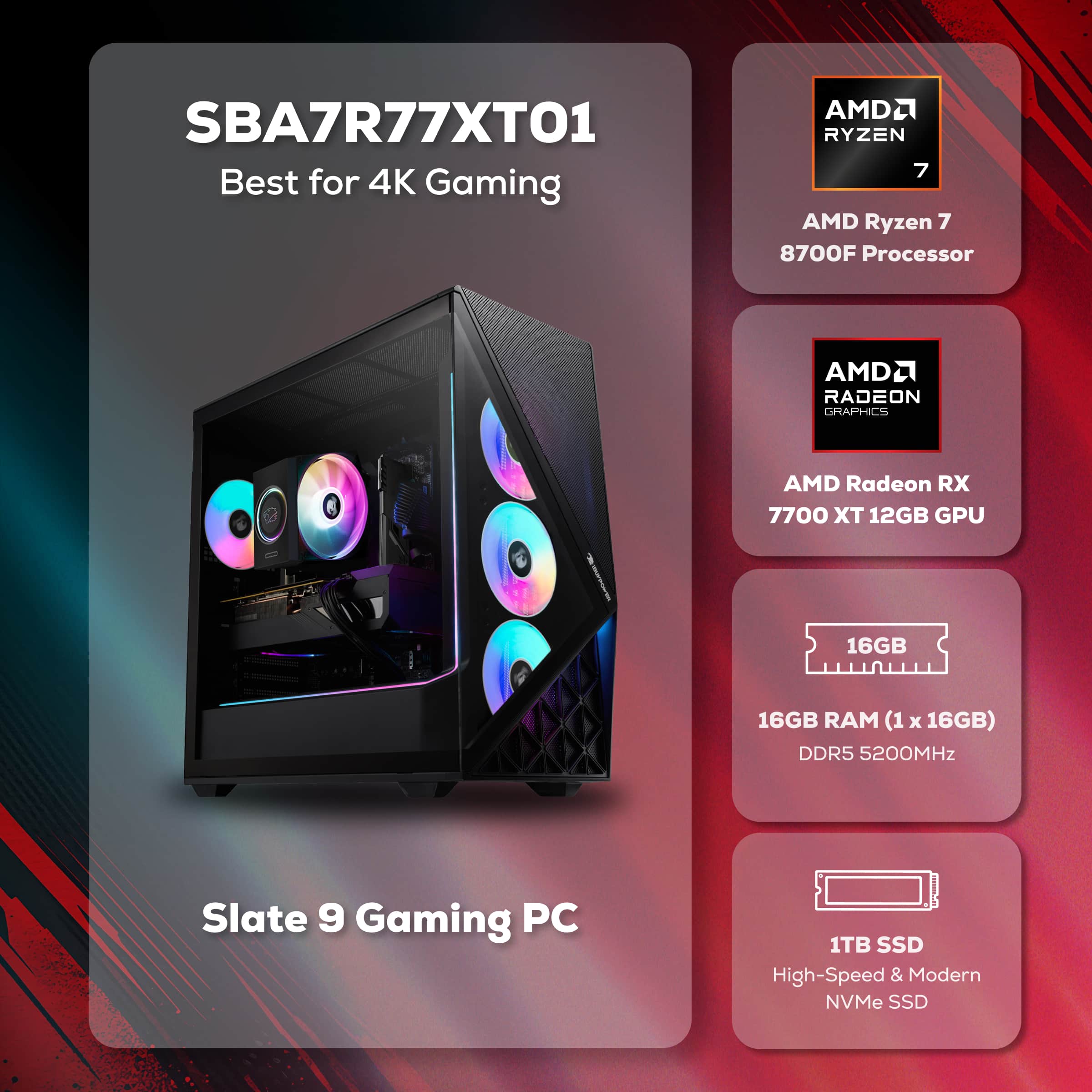 iBUYPOWER Slate Gaming Desktop PC AMD Ryzen 7 8700F, AMD Radeon RX