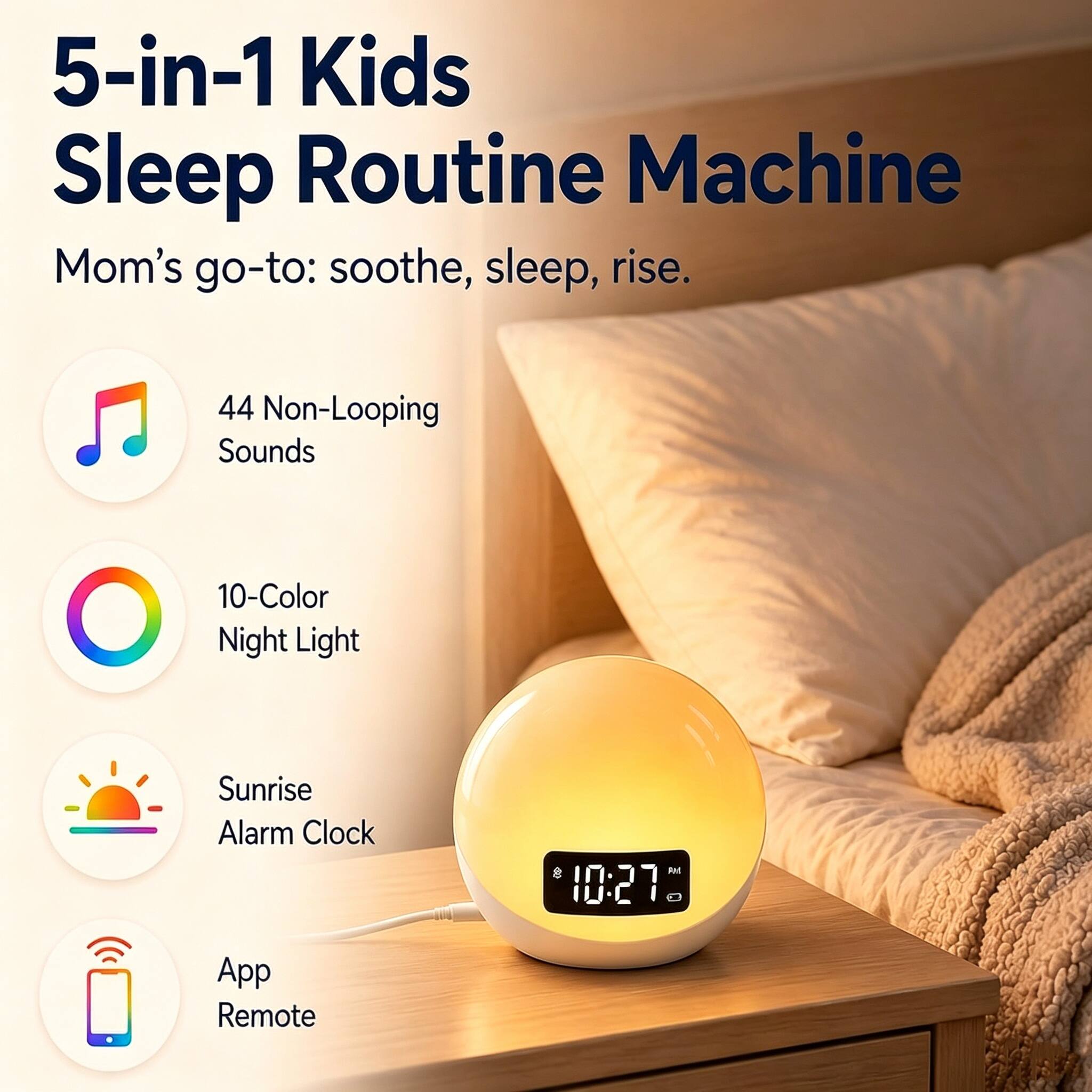 5-in-1 Kids Sleep Routine Machine  
Mom's go-to: soothe, sleep, rise.  

44 Non-Looping Sounds  
10-Color Night Light  
Sunrise Alarm Clock  
App Remote  

PM 10:27