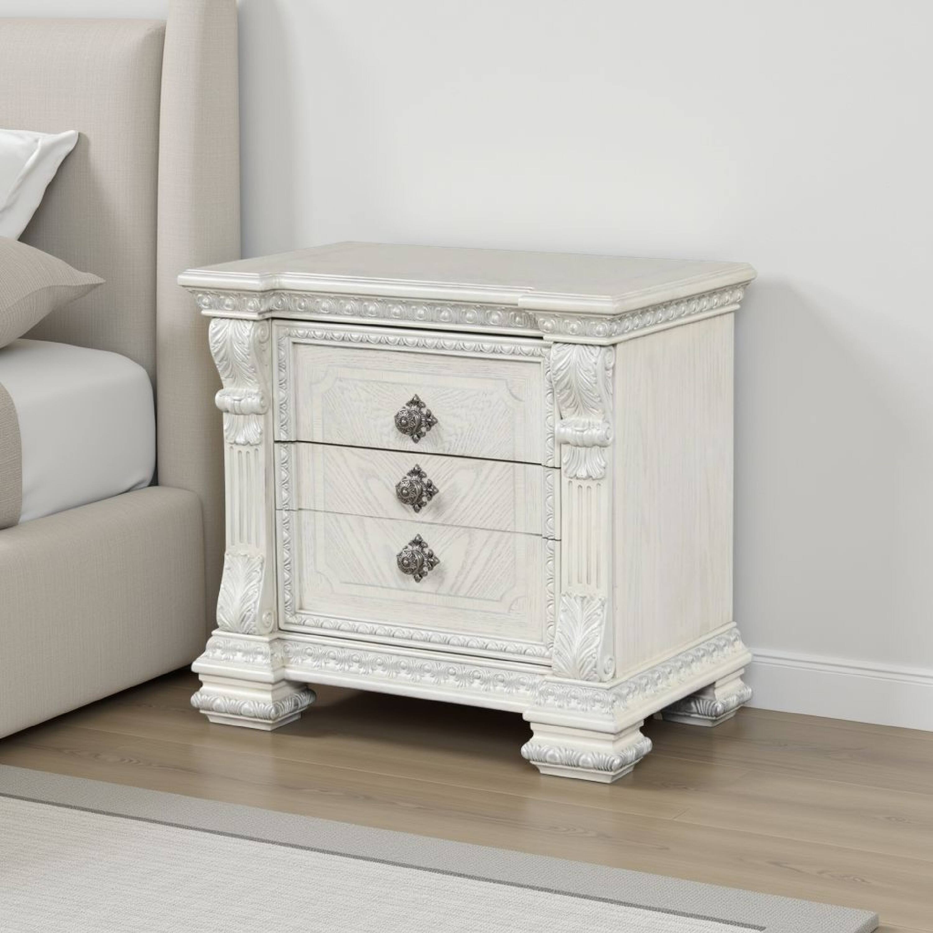 Alt View 5. Manhattan Lane - Naddy Nightstand, 2 Drawers, USB, Wire Brushed White Wood, 30 Inch - White, Silver.