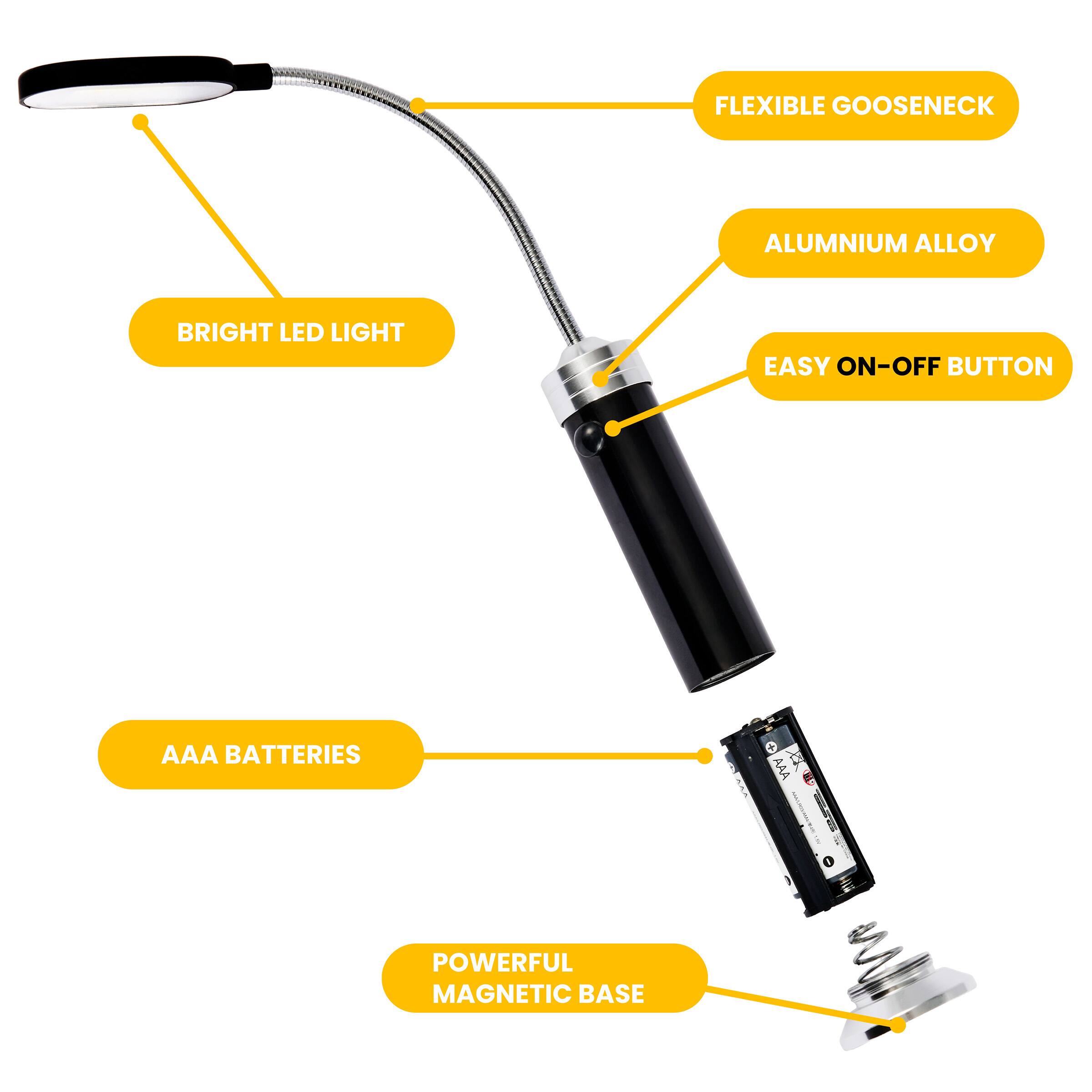 FLEXIBLE GOOSENECK  
ALUMINIUM ALLOY  
BRIGHT LED LIGHT  
EASY ON-OFF BUTTON  
AAA BATTERIES  
POWERFUL MAGNETIC BASE