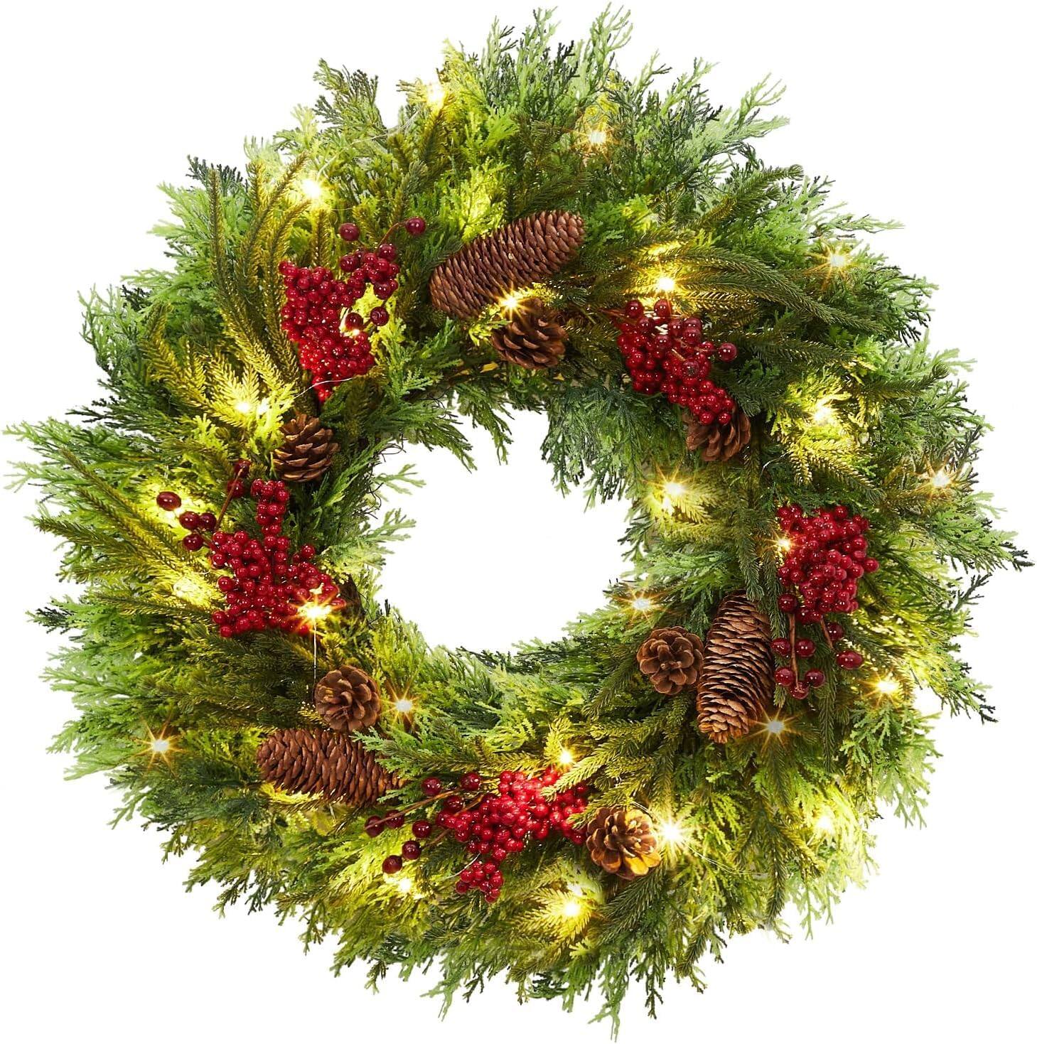 Jojoka - 22 Inch Christmas Wreath Front Door Wreath Pre-Lit Xmas Wreath for Grand Entryway and Entrance Displays - Green