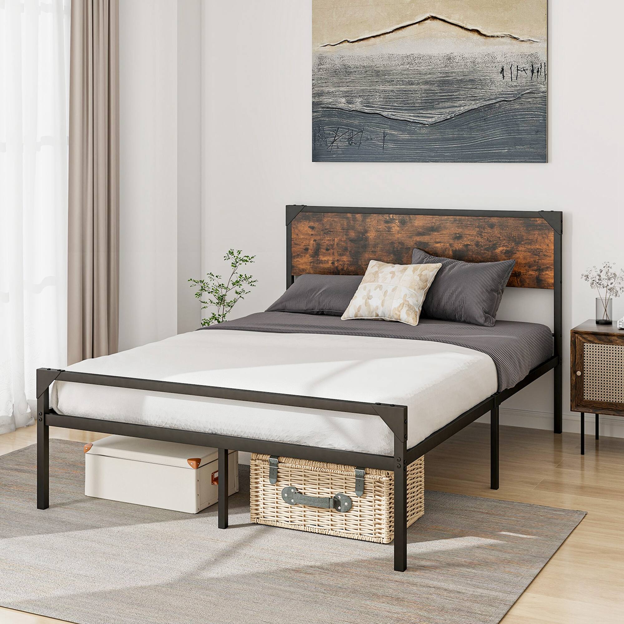 Alt View 8. Costway - Costway Platform Full Bed with Rustic Headboard & Footboard Strong Metal Slat Support - Rustic Brown,Black.