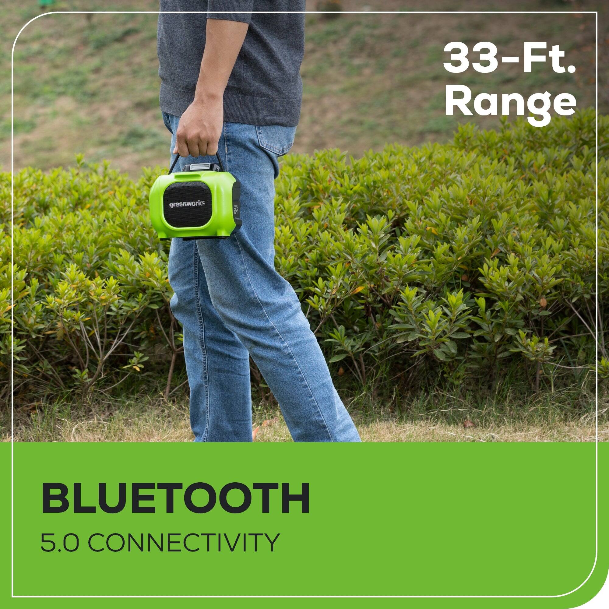 The text on the image is grouped as follows:

33-Ft. Range
greenworks
BLUETOOTH
5.0 CONNECTIVITY