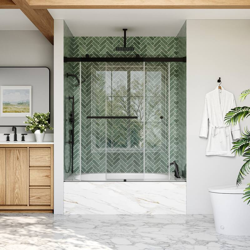 Left. WELLFOR - 56-60 in W x 62 in H Double Sliding Frameless Shower Door with 1/4 in. Clear SGCC Tempered Glass - Matte Black.