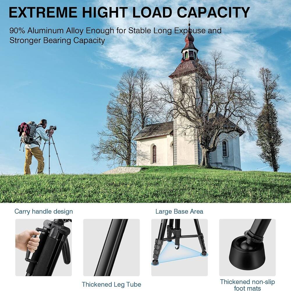 EXTREME HIGH LOAD CAPACITY

90% Aluminum Alloy Enough for Stable Long Exposure and Stronger Bearing Capacity

Carry handle design

Thickened Leg Tube

Large Base Area

Thickened non-slip foot mats