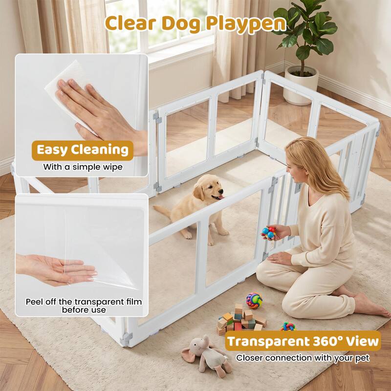 Clear Dog Playpen  
Easy Cleaning  
With a simple wipe  

Peel off the transparent film before use  

Transparent 360° View  
Closer connection with your pet