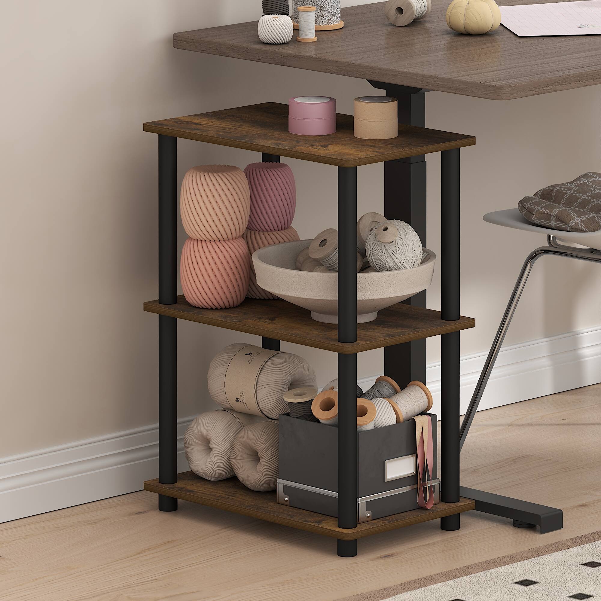 Alt View 2. Furinno - TURN-N-TUBE Storage Shelves, 3-Tier Open Frame Book Shelf, Standing Corner Shelf, Toolless Open Shelves - Amber Pine/Black.
