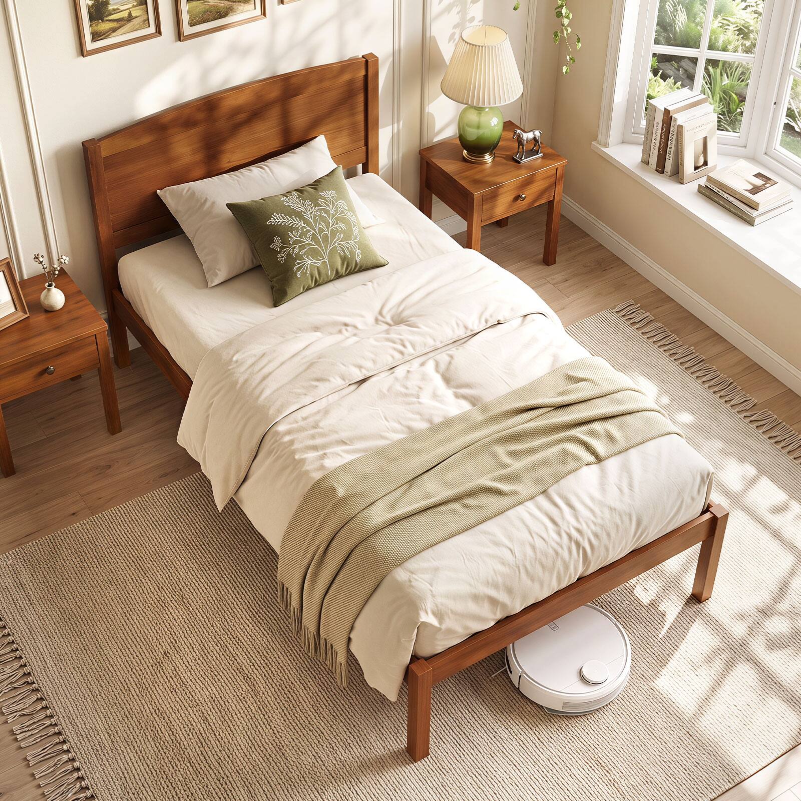 Alt View 3. Gymax - Gymax Twin Size Wooden Platform Bed Frame w/Curved Headboard Solid Pine Wood Legs Walnut - Brown.