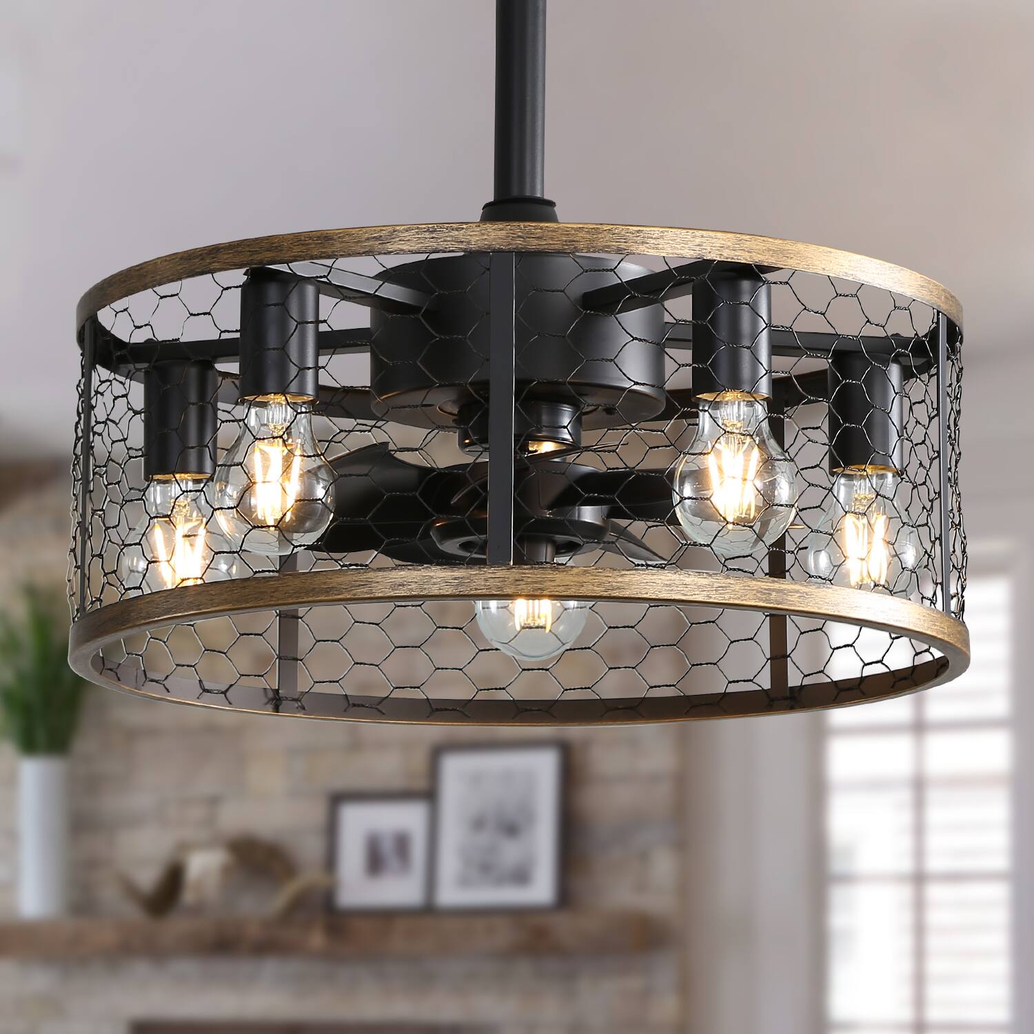 Left. Akoasm - 20" Black Cage Ceiling Fan with Remote & Light, 7 ABS Blade Industrial Fan, DC Motor with Timer.