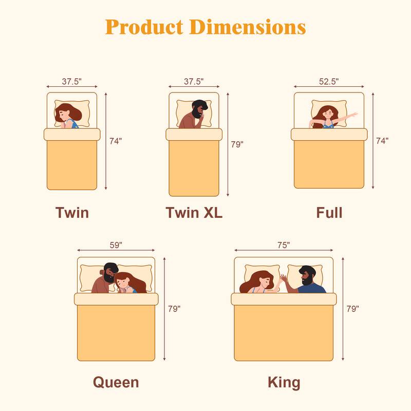 Product Dimensions

- Twin: 37.5" x 37.5" x 74"
- Twin XL: 37.5" x 52.5" x 74"
- Full: 59" x 75" x 79"
- Queen: 59" x 75" x 79"
- King: 75" x 79"