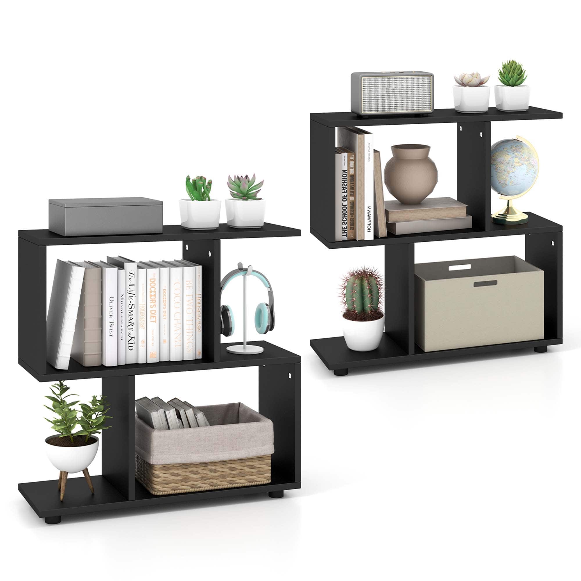 Costway - 2 PCS 2-Tier Bookshelf Free Standing Wooden Display S-Shaped Shelf Storage Rack - Black