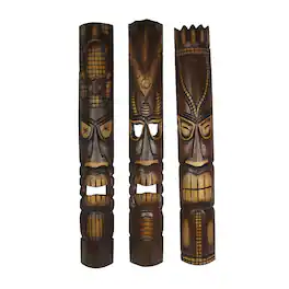 Zeckos - 40 Inch Hand Carved Tiki Mask Wall Decor Tropical Beach Home Hanging Art Set / 3 - Brown