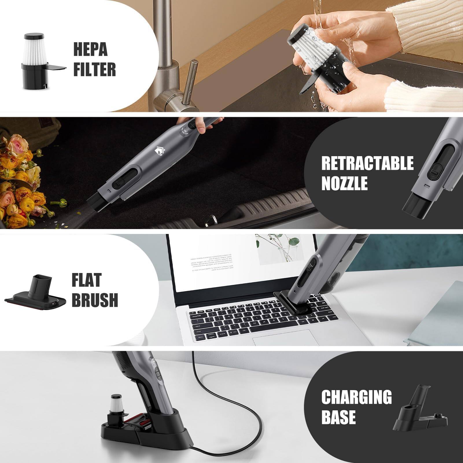 - HEPA FILTER
- RETRACTABLE NOZZLE
- FLAT BRUSH
- CHARGING BASE
