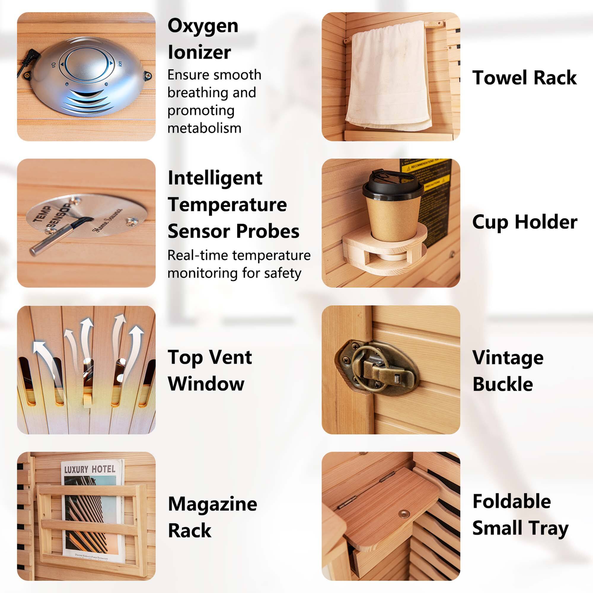 1. Oxygen Ionizer: Ensure smooth breathing and promoting metabolism.
2. Towel Rack: Temperature Sensor Probes: Real-time temperature monitoring for safety.
3. Cup Holder: Top Vent Window: Vintage Buckle: Luxury Hotel Magazine Rack: Foldable Small Tray.