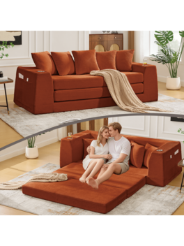 Trinkets Crazed - 82.25" Convertible Sofa Bed, Loveseat Sleeper Sofa, 2 In 1 Sofa, Corduroy Pull Out Sofa Bed, 5 Pillows, Side Pocket - Orange