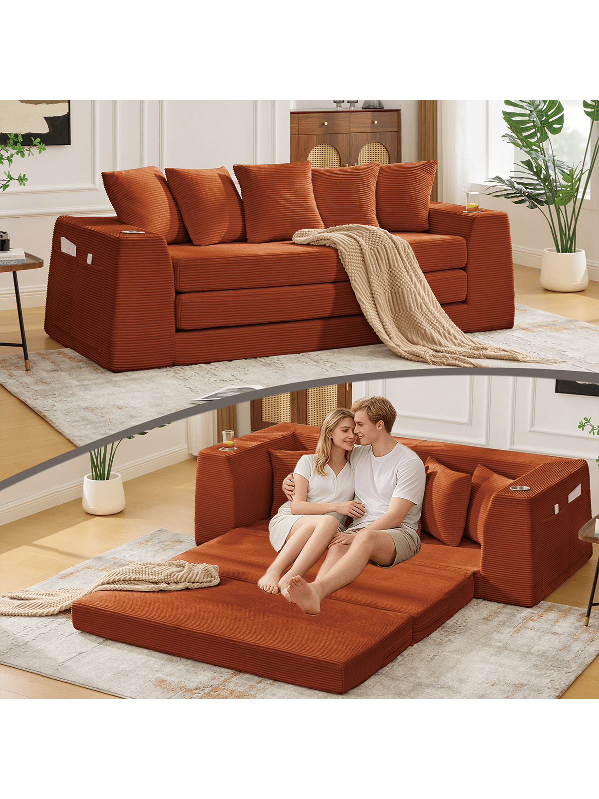 Front. Trinkets Crazed - 82.25" Convertible Sofa Bed, Loveseat Sleeper Sofa, 2 In 1 Sofa, Corduroy Pull Out Sofa Bed, 5 Pillows, Side Pocket - Orange.
