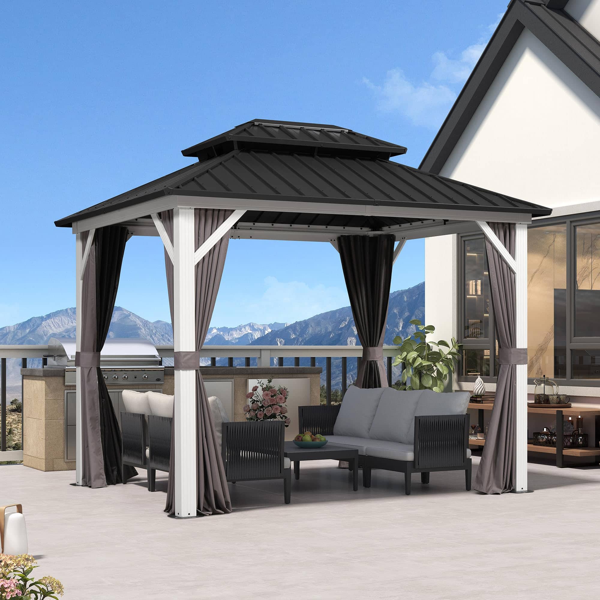 Front. PURPLE LEAF - 8' X 10' Outdoor Aluminum White Hardtop Gazebo with Galvanized Steel Double Roof with Netting and Curtains - 8' X 10'.