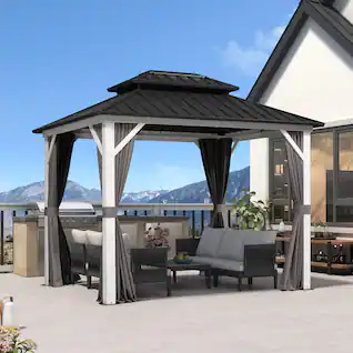 PURPLE LEAF - Outdoor Aluminum White Hardtop Gazebo with Galvanized Steel Double Roof with Netting and Curtains - 8' X 10'