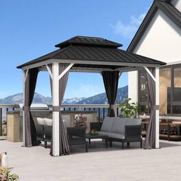 PURPLE LEAF - Outdoor Aluminum White Hardtop Gazebo with Galvanized Steel Double Roof with Netting and Curtains - 8' X 10'