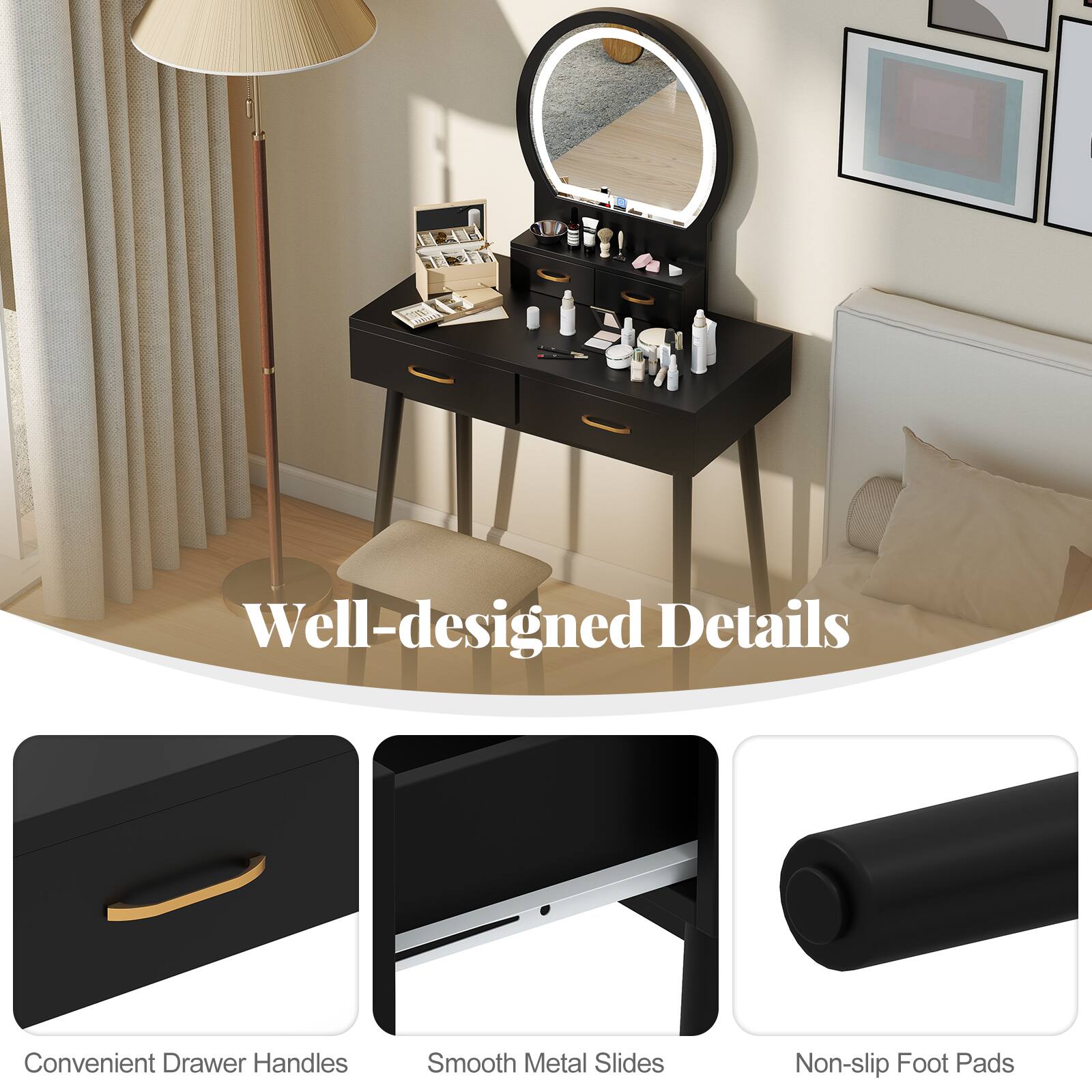 Well-designed Details

Convenient Drawer Handles

Smooth Metal Slides

Non-slip Foot Pads