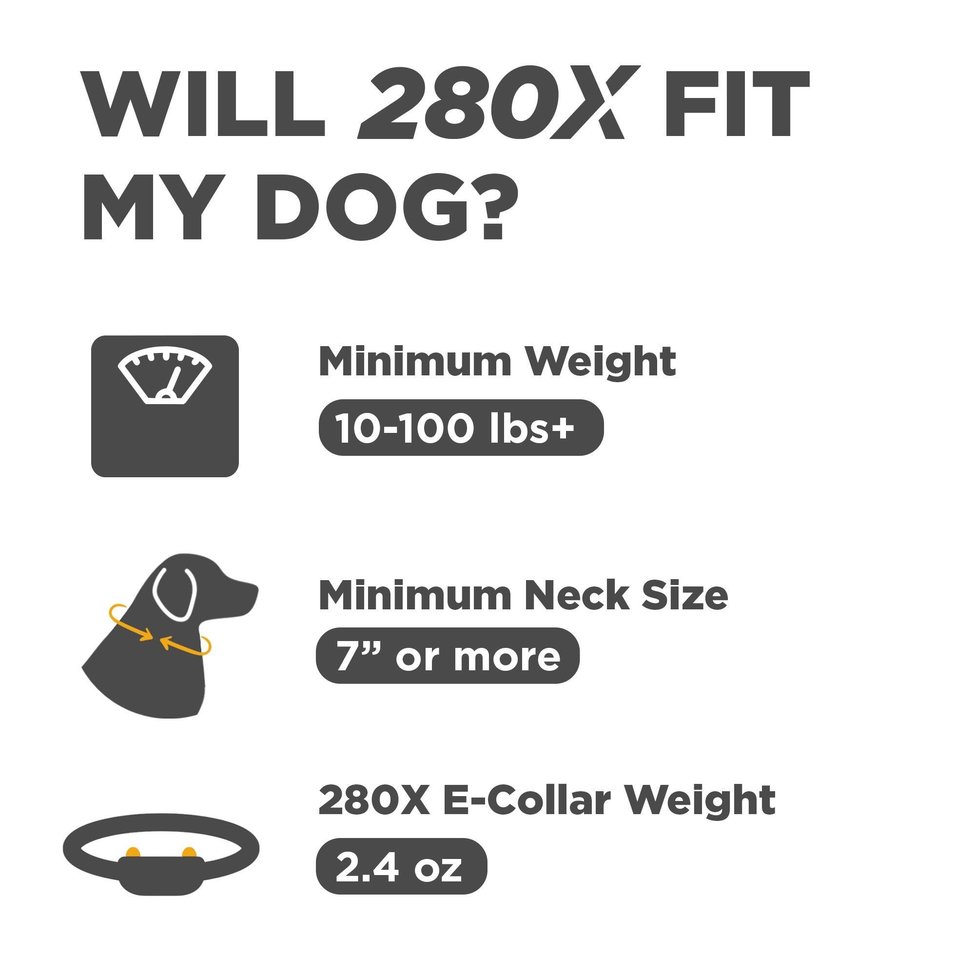 WILL 280X FIT MY DOG?  
Minimum Weight 10-100 lbs+  
Minimum Neck Size 7" or more  
280X E-Collar Weight 2.4 oz