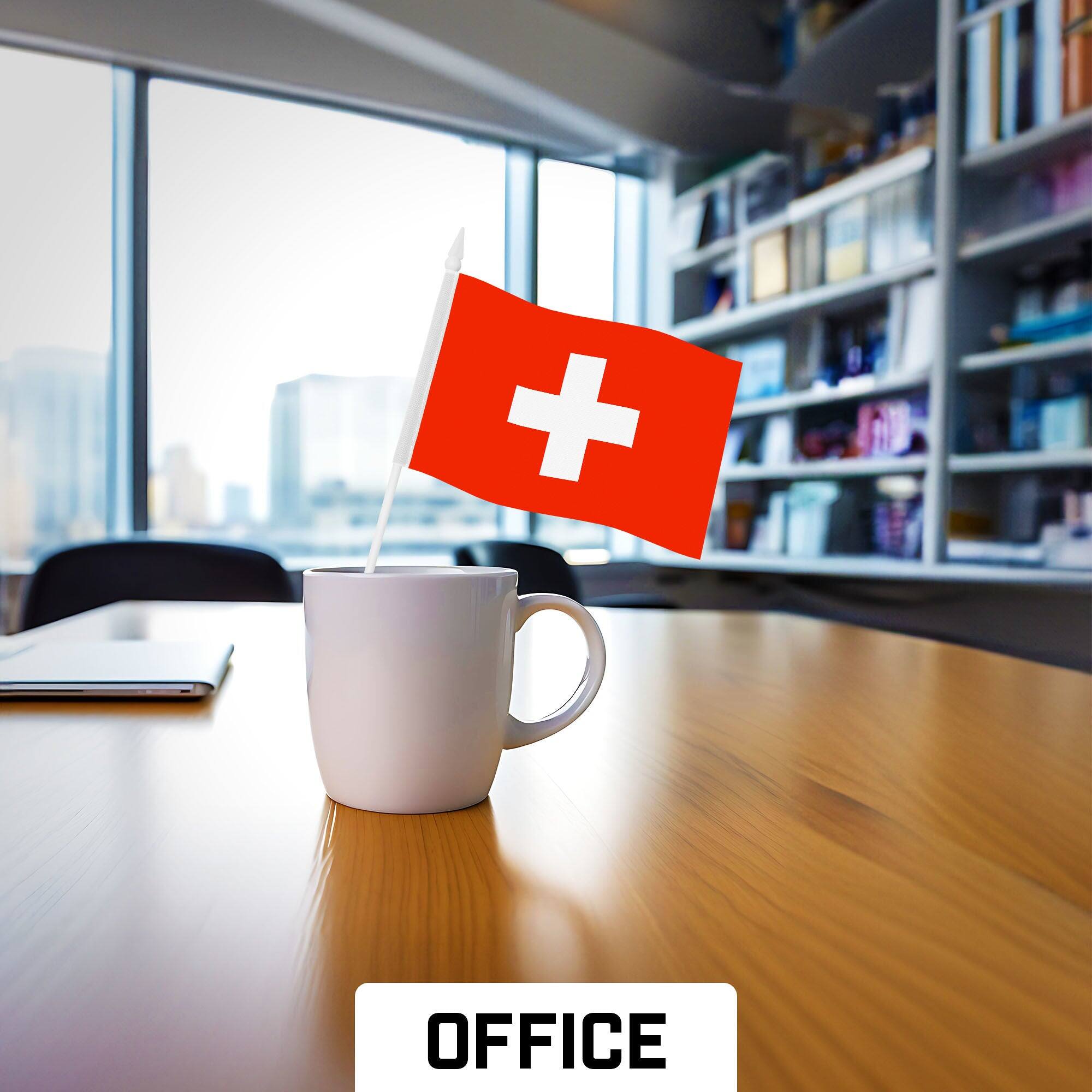 Left. G128 - 24-Pack Handheld Switzerland Stick Flags, 4 x 6 in, 150D Polyester with Plastic Spear Top. - Assorted Colors.