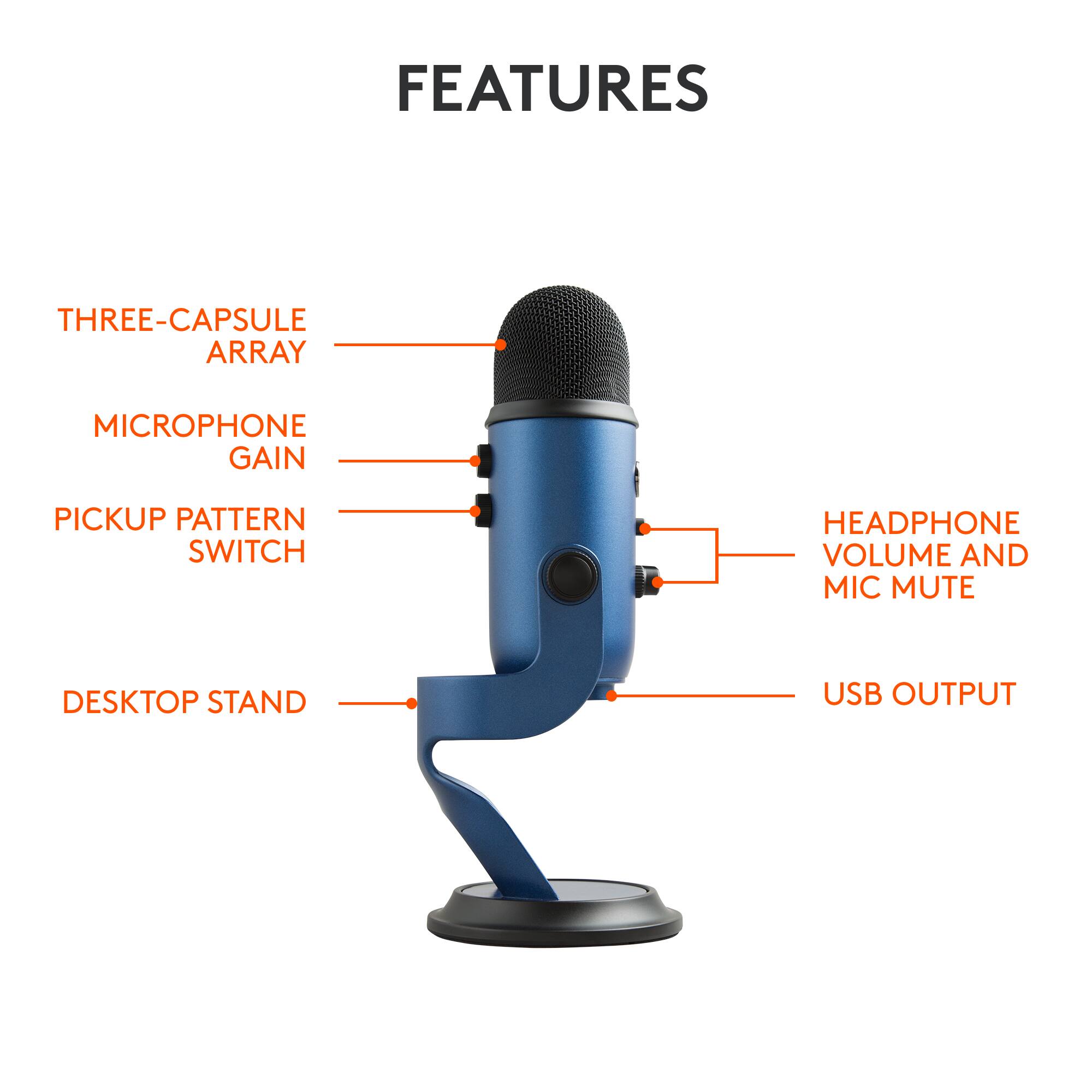Features: Three-capsule array microphone, gain pickup pattern switch, headphone volume and mic mute, desktop stand, USB output.