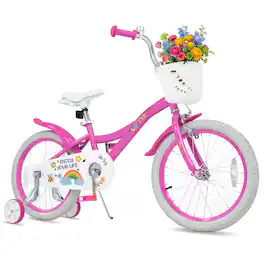 Costway - 18 Inches Girls Bike for 3-8 Years Old with Removable Training Wheels, Front Basket - Pink