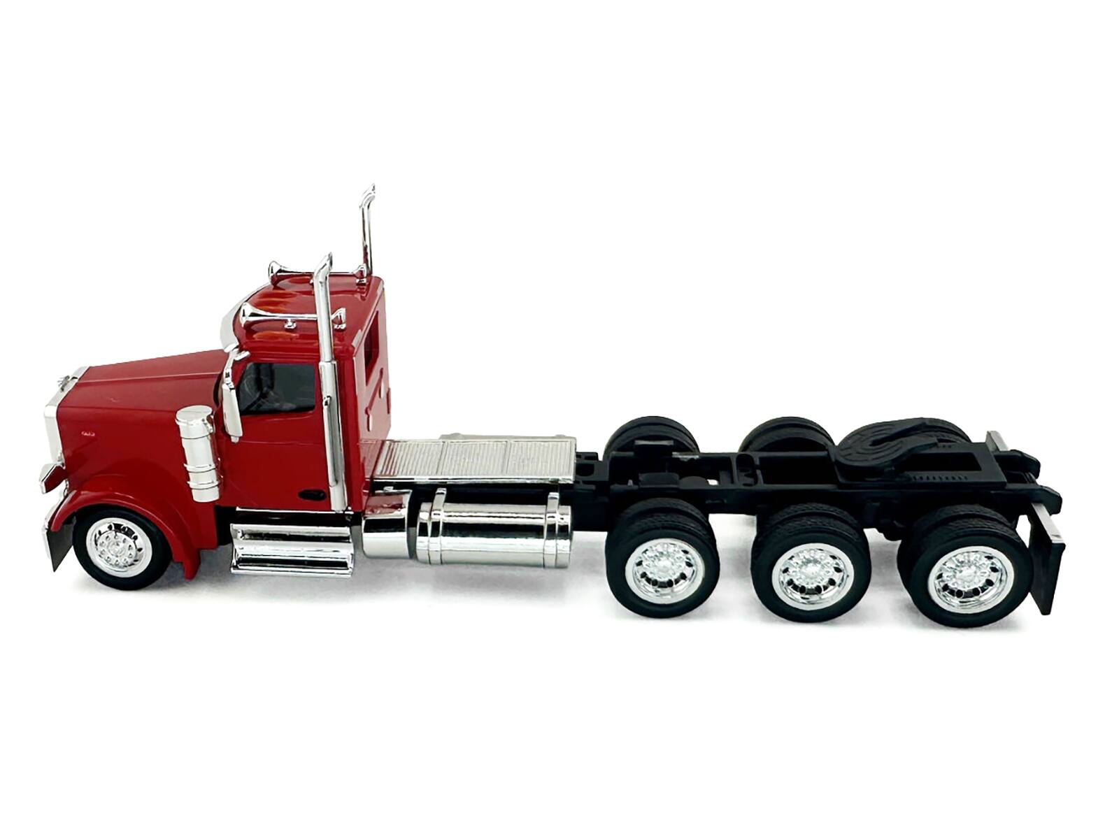 Left. HO Logistics Replicas - Peterbilt 589 3-Axel Day Cab Red 1/87 (HO) Plastic Model Car by HO Logistics - Red.