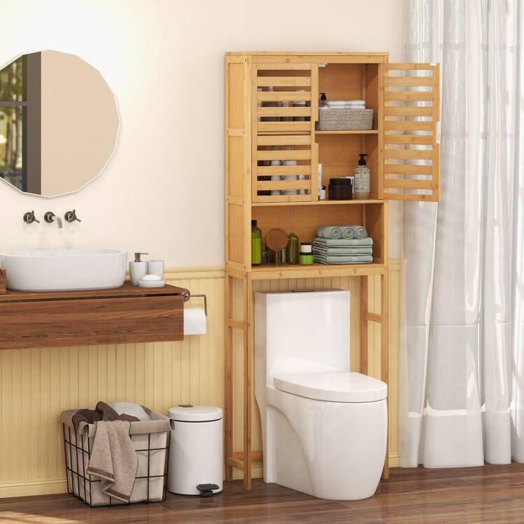Left. SlickBlue - Over Toilet Storage Cabinet with Adjustable Shelf and Wicker Design for Bathroom - Natural.