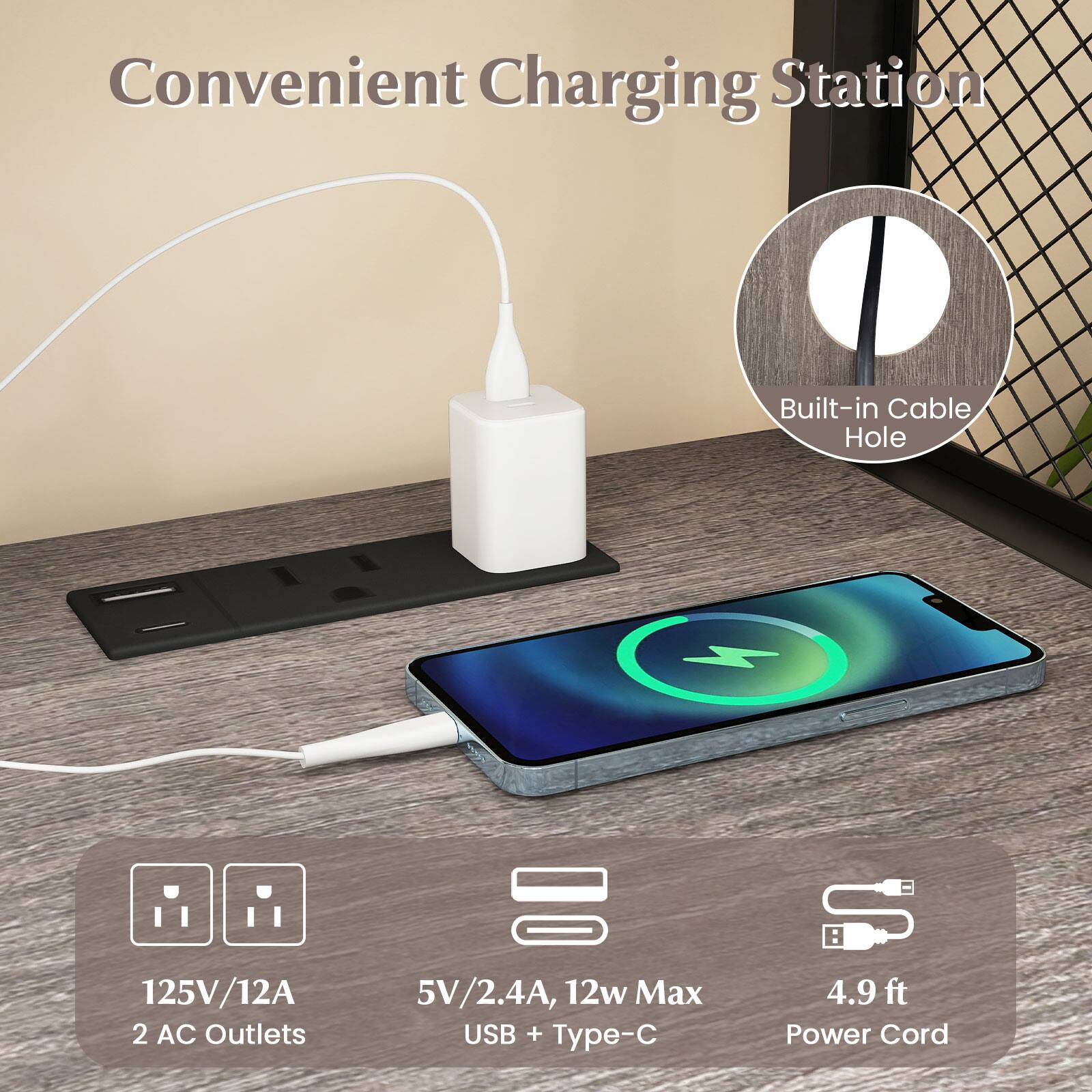 Convenient Charging Station  
Built-in Cable Hole  
125V/12A  
2 AC Outlets  
5V/2.4A, 12w Max USB + Type-C  
4.9 ft Power Cord