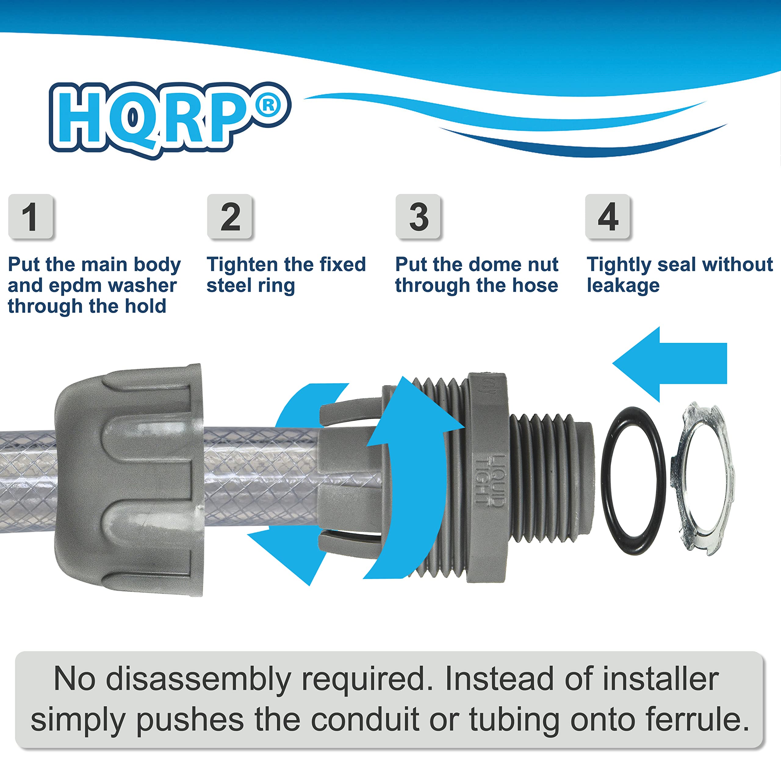 1. Put the main body and EPDM washer through the hold.
2. Tighten the fixed steel ring.
3. Put the dome nut through the hose.
4. Tightly seal without leakage.

No disassembly required. Instead of installer simply pushes the conduit or tubing onto ferrule.