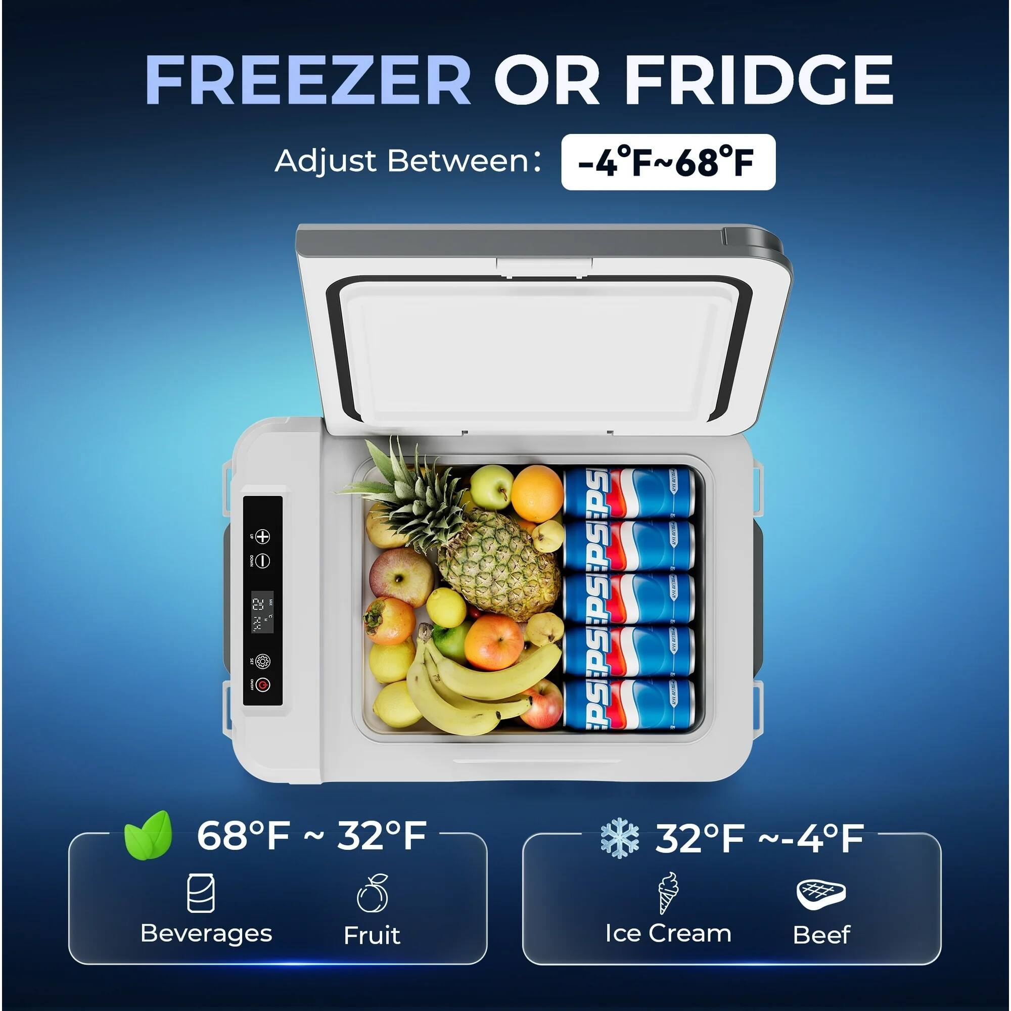 FREEZER OR FRIDGE

Adjust Between: -4°F ~ 68°F

- 68°F ~ 32°F: Beverages, Fruit
- 32°F ~ -4°F: Ice Cream, Beef