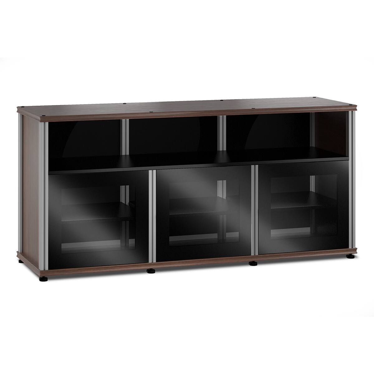 Front. Salamander Designs - Salamander Designs Synergy 339 Triple AV Cabinet (Dark Walnut with Black Glass & Aluminum Posts) - Dark Walnut/Aluminum.