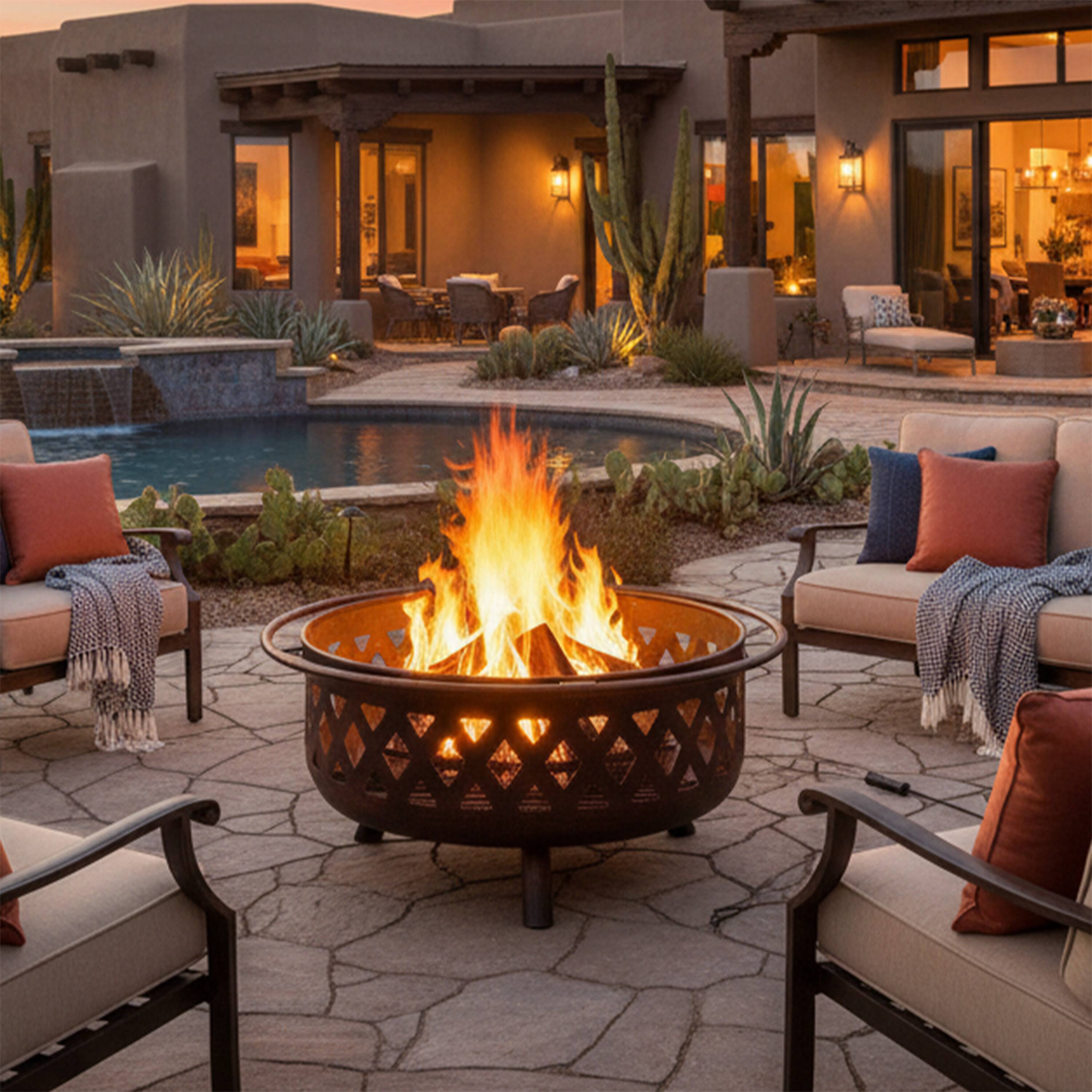 Alt View 1. Sunnydaze - 36 in Crossweave Steel Fire Pit with Screen and Poker - Bronze.