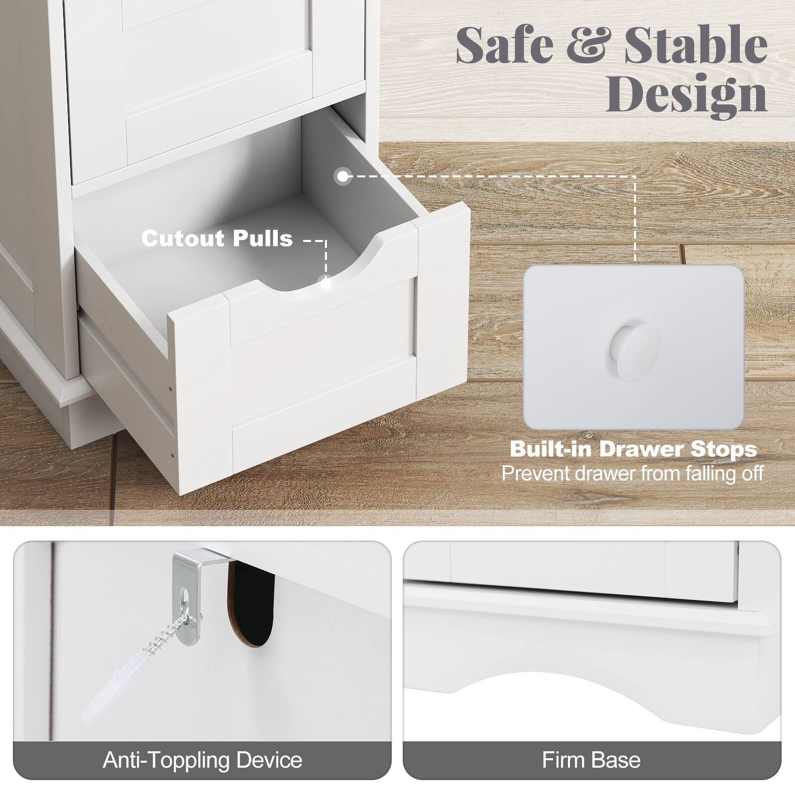 Safe & Stable Design

- Cutout Pulls
- Built-in Drawer Stops
  - Prevent drawer from falling off
- Anti-Topping Device
- Firm Base