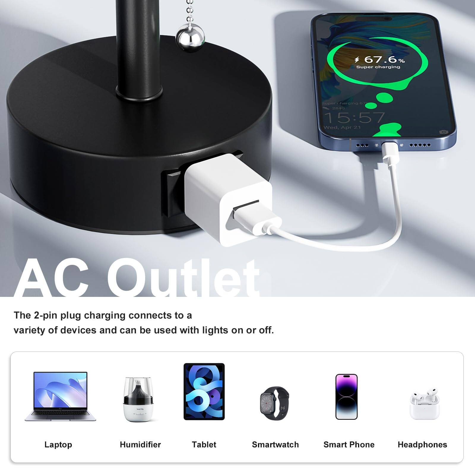 3.8 67.6% Super charging  
GURRT Lharsinaa  
28/0 1 15:57 Wed. Apr 21  

AC Outlet  
The 2-pin plug charging connects to a variety of devices and can be used with lights on or off.  

Laptop  
Humidifier  
Tablet  
Smartwatch  
Smart Phone  
Headphones