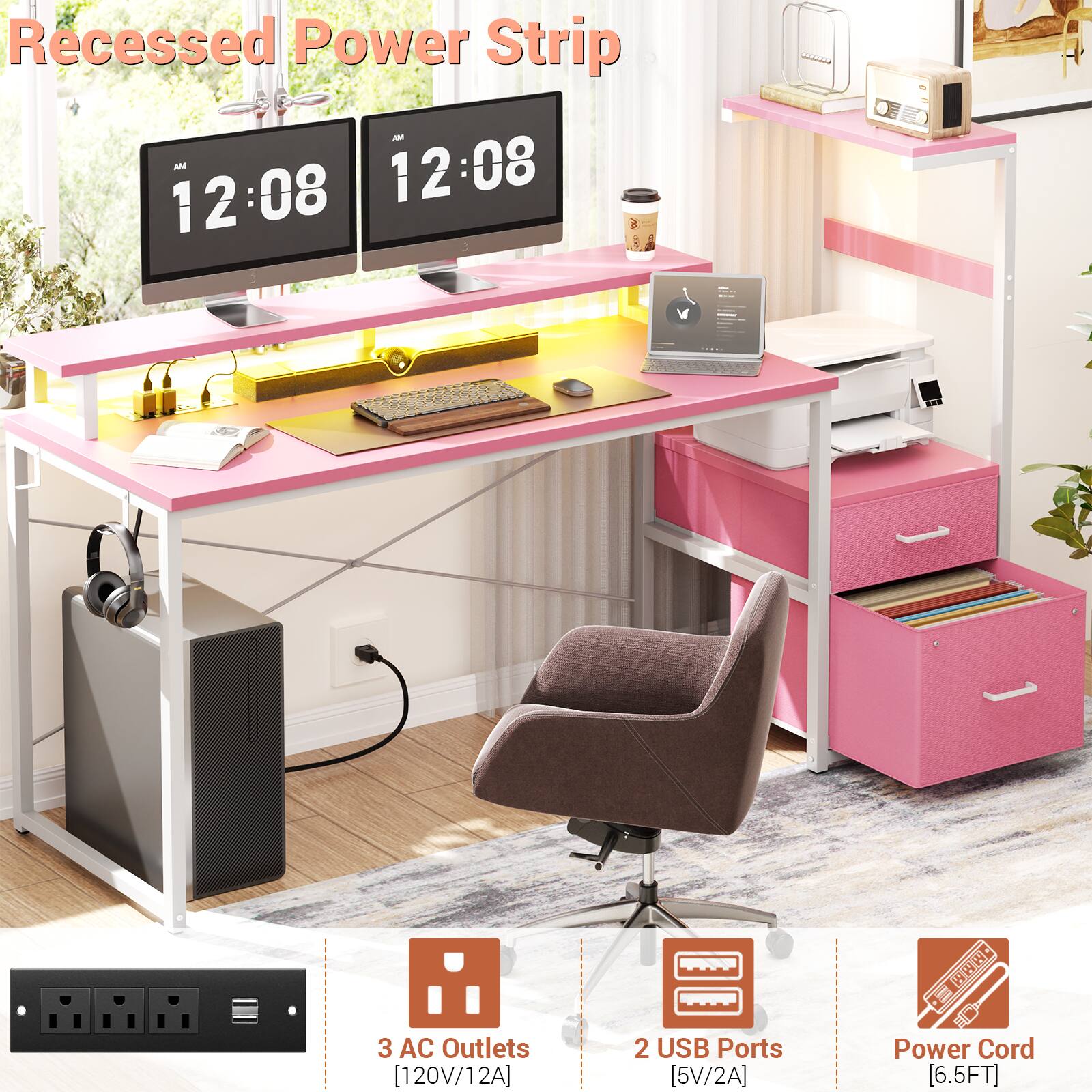 Recessed Power Strip

- 3 AC Outlets [120V/12A]
- 2 USB Ports [5V/2A]
- Power Cord [6.5FT]