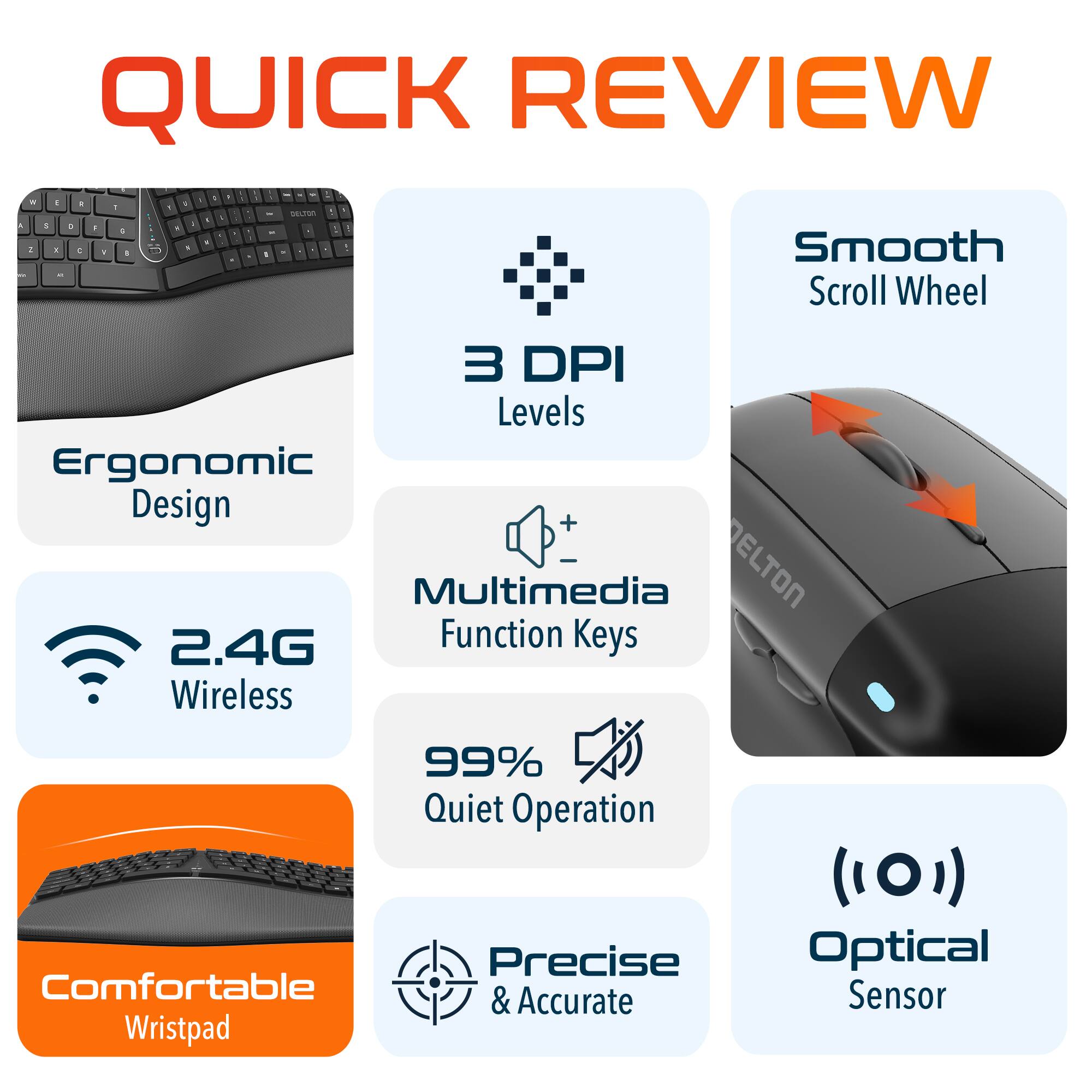 QUICK REVIEW . . I -  . . d . - Vu - . . - . - 1 4  1 4 . . : . - + - . L . 1 M . - c - Smooth I - Scroll Wheel 3 DPI Levels Ergonomic Design + Multimedia DELTON 2.4G Function Keys Wireless 99% Quiet Operation Comfortable Wristpad Precise & Accurate Optical Sensor