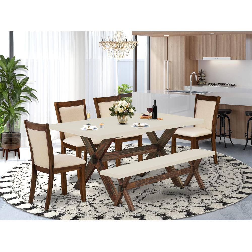 Angle. East West Furniture - East West Furniture 6-Pc Dining Room Set Includes a Modern Table and a Small Bench with 4 Light Beige Linen Fabric - Multi-Color.