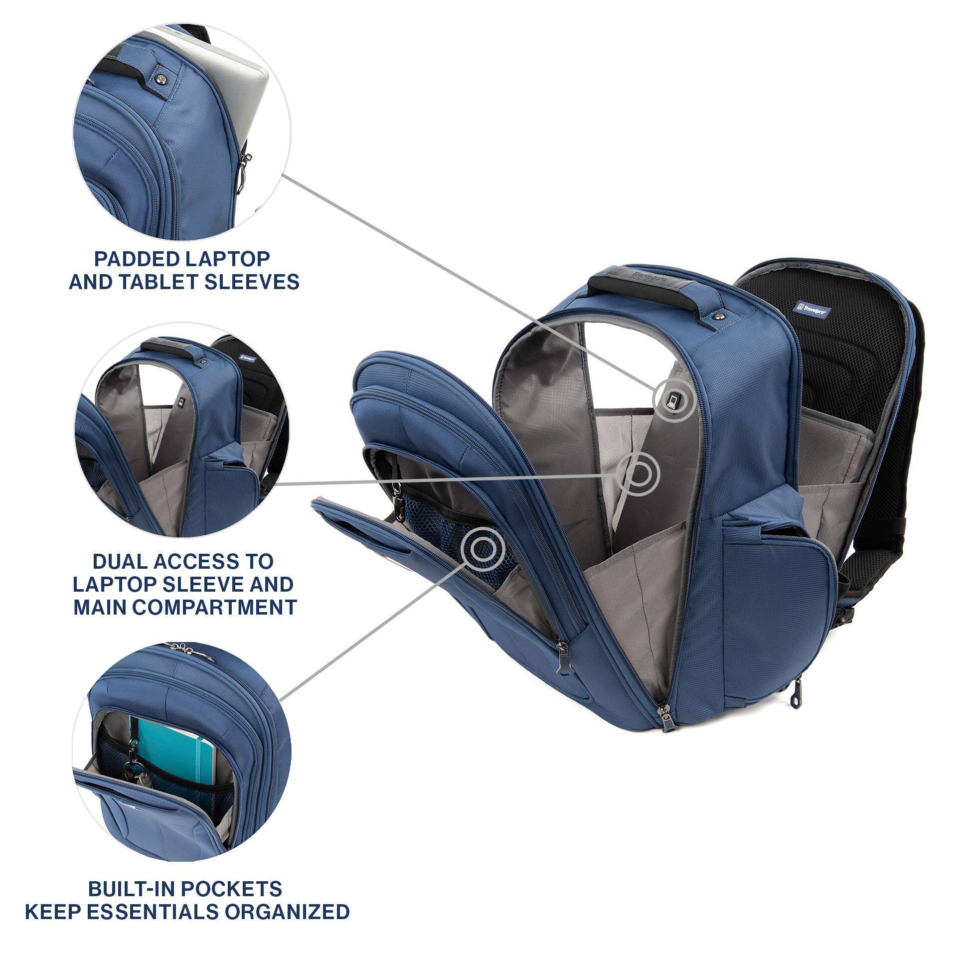PADDED LAPTOP AND TABLET SLEEVES  
DUAL ACCESS TO LAPTOP SLEEVE AND MAIN COMPARTMENT  
BUILT-IN POCKETS KEEP ESSENTIALS ORGANIZED