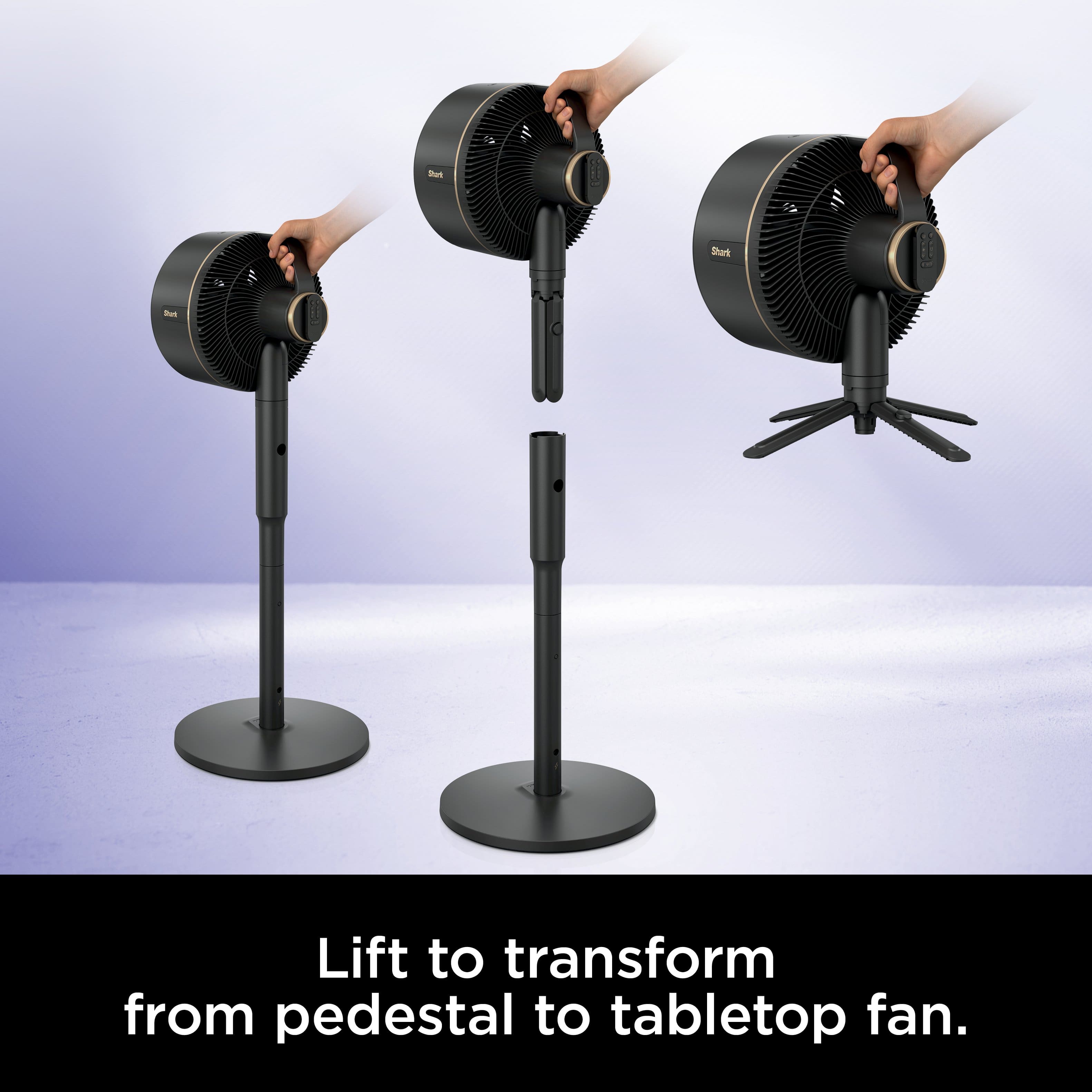 Man is lifting a pedestal to transform it into a tabletop fan.