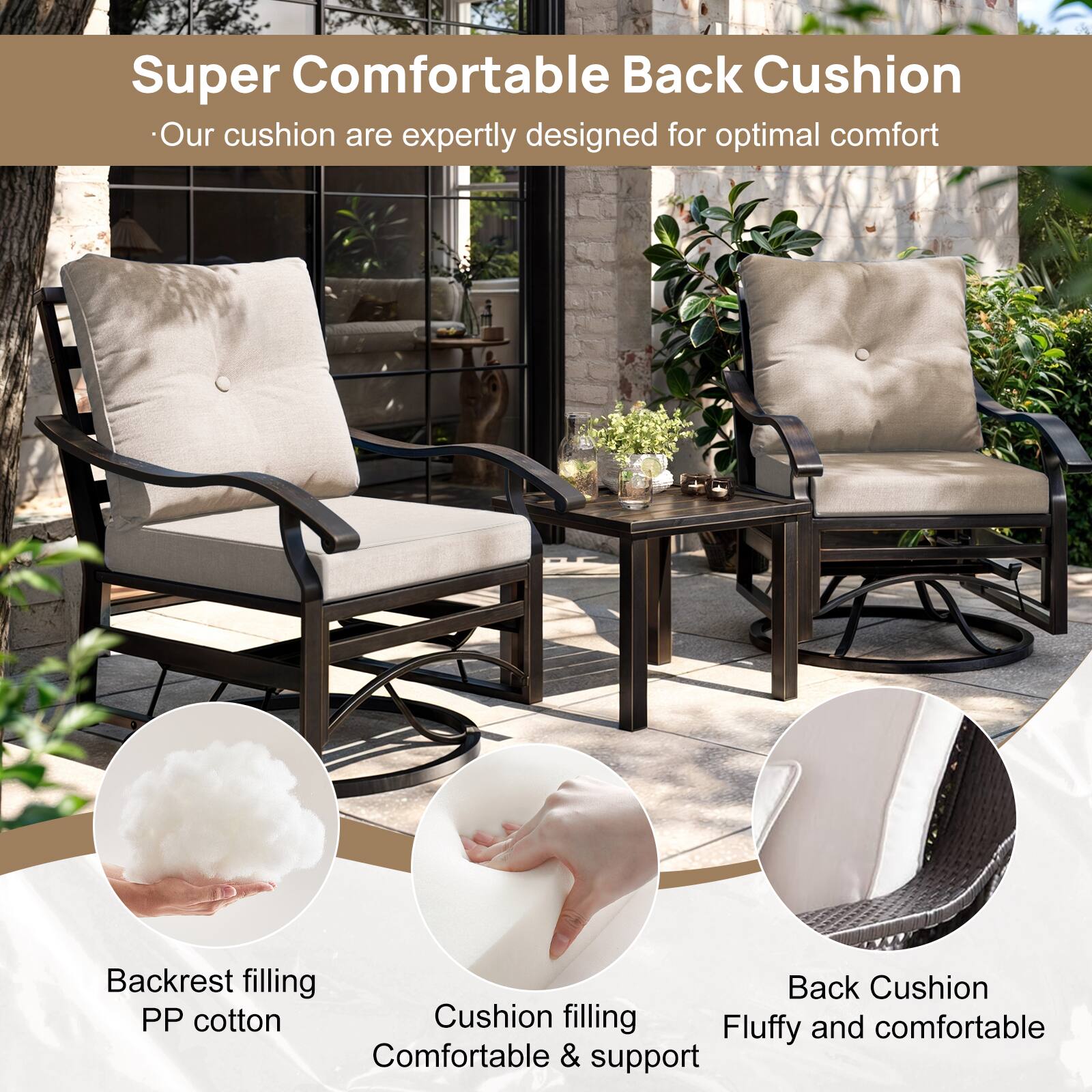 Super Comfortable Back Cushion  
Our cushion are expertly designed for optimal comfort  

Backrest filling: PP cotton  
Cushion filling: Comfortable & support  
Back Cushion: Fluffy and comfortable