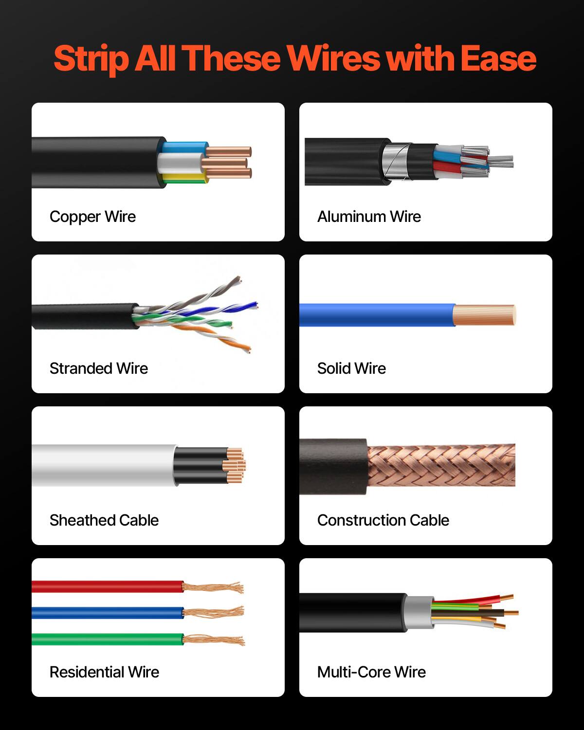 Strip All These Wires with Ease

- Copper Wire
- Aluminum Wire
- Stranded Wire
- Solid Wire
- Sheathed Cable
- Construction Cable
- Residential Wire
- Multi-Core Wire