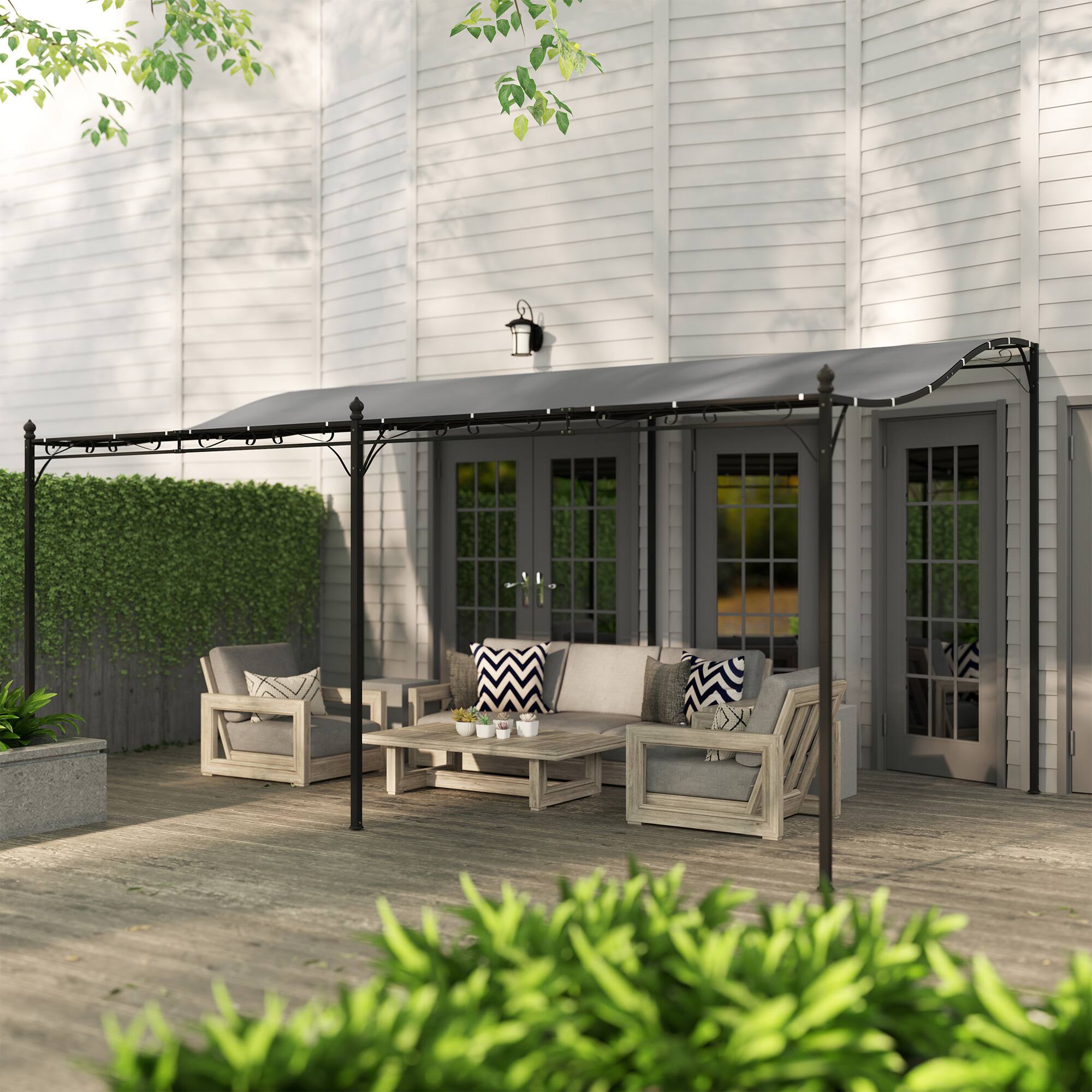 Alt View 5. Outsunny - 10' x 16' Outdoor Pergola Canopy, Wall-Mounted Metal Patio Canopy with Weather-Resistant Fabric - Dark Gray.
