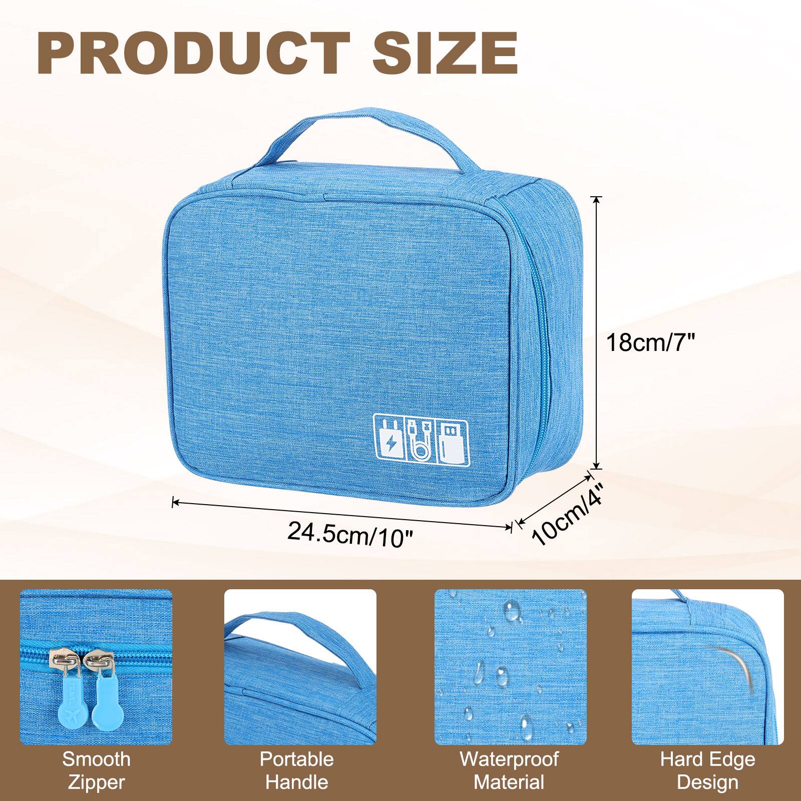 PRODUCT SIZE  
18cm/7" x 24.5cm/10" x 10cm/4"  

- Smooth Zipper  
- Portable Handle  
- Waterproof Material  
- Hard Edge Design