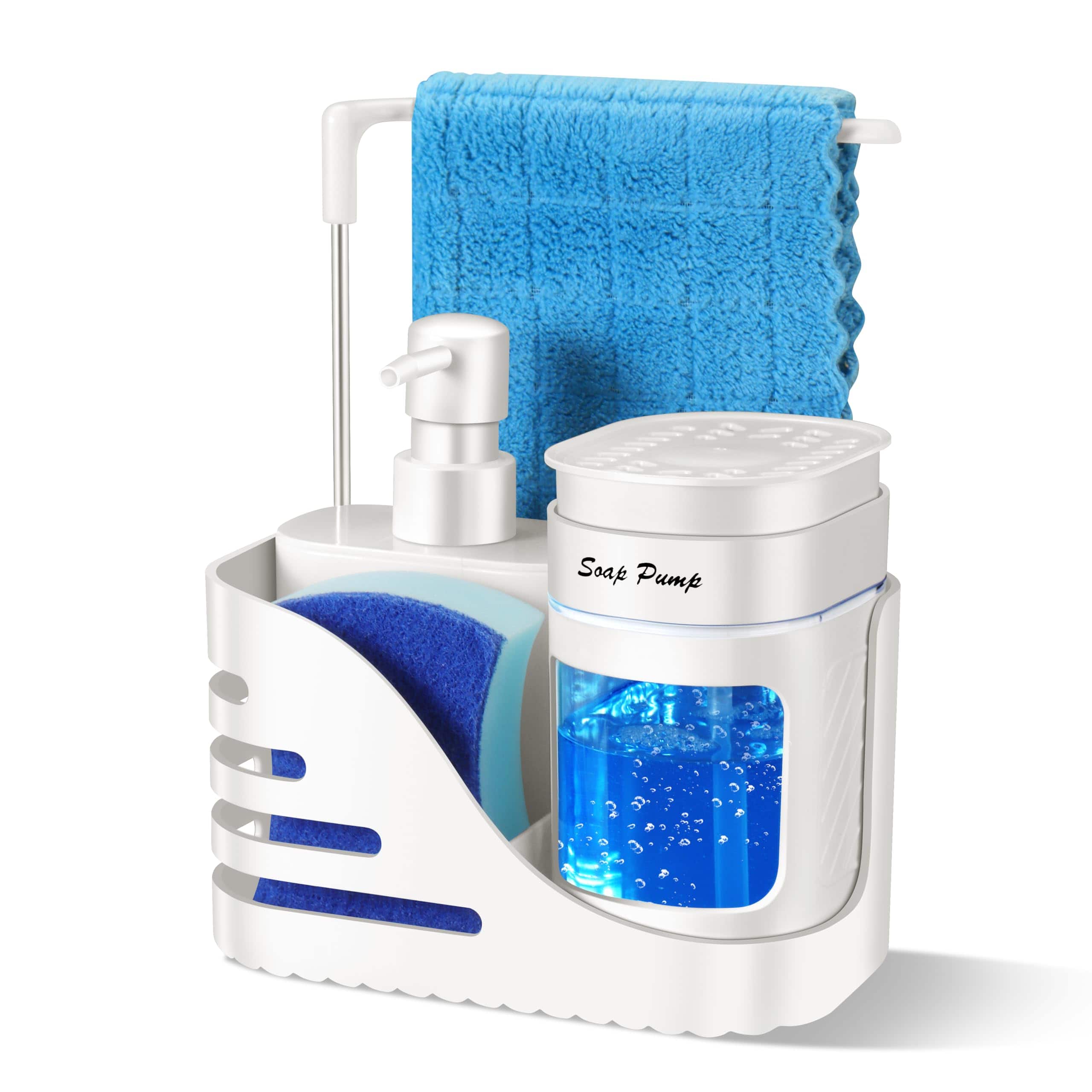 Dapper Styles - Kitchen Soap Dispenser Set 4 in 1 Dual Hand And Dish With Sponge Holder Dishcloth For Sink - White