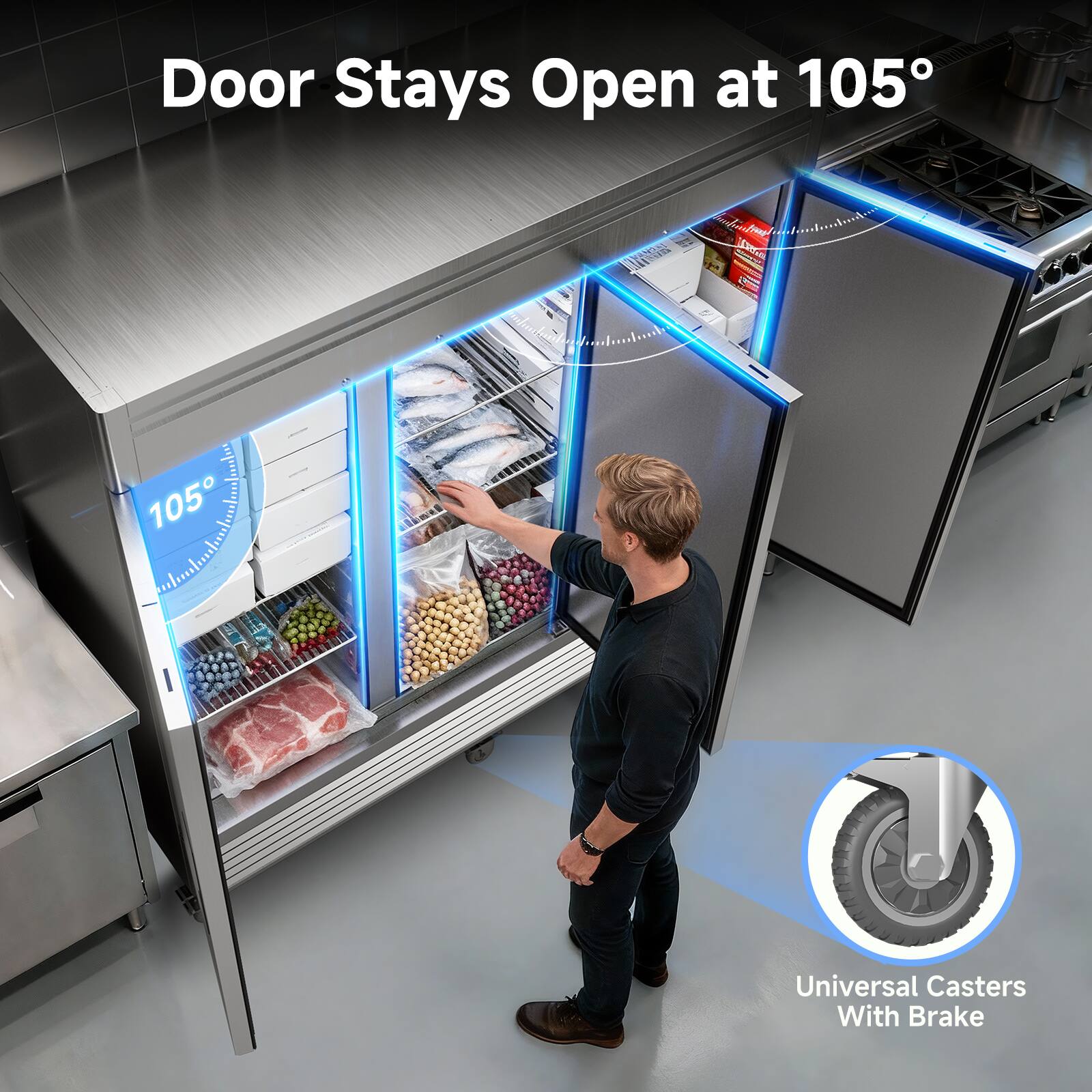 Door Stays Open at 105°

Universal Casters With Brake