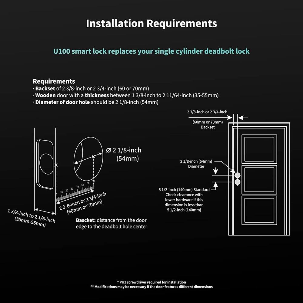 Installation Requirements

U100 smart lock replaces your single cylinder deadbolt lock

Requirements:
- Backset of 2 3/8-inch or 2 3/4-inch (60 or 70mm)
- Wooden door with a thickness between 1 3/8-inch to 2 11/64-inch (35-55mm)
- Diameter of door hole should be 2 1/8-inch (54mm)

Backset: 2 3/8-inch or 2 3/4-inch (60mm or 70mm)

Diameter: 2 1/8-inch (54mm)

Basket: distance from the door edge to the deadbolt hole center

1 3/8-inch to 2 11/64-inch (35mm-55mm)

5 1/2-inch (140mm) Standard

Check clearance with lower hardware if this dimension is less than 5 1/2-inch (140mm)

PH1 screwdriver required for installation

Modifications may be necessary if the door features different dimensions